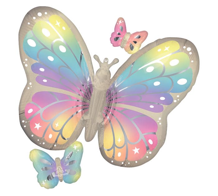 Rainbow butterfly balloons with a large central butterfly and two smaller ones