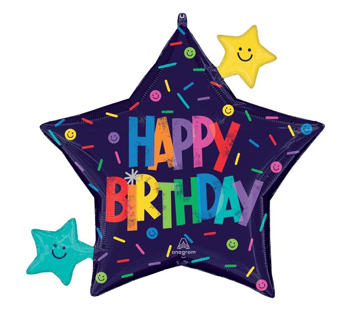 Star-shaped birthday balloon with colorful text and smiley faces