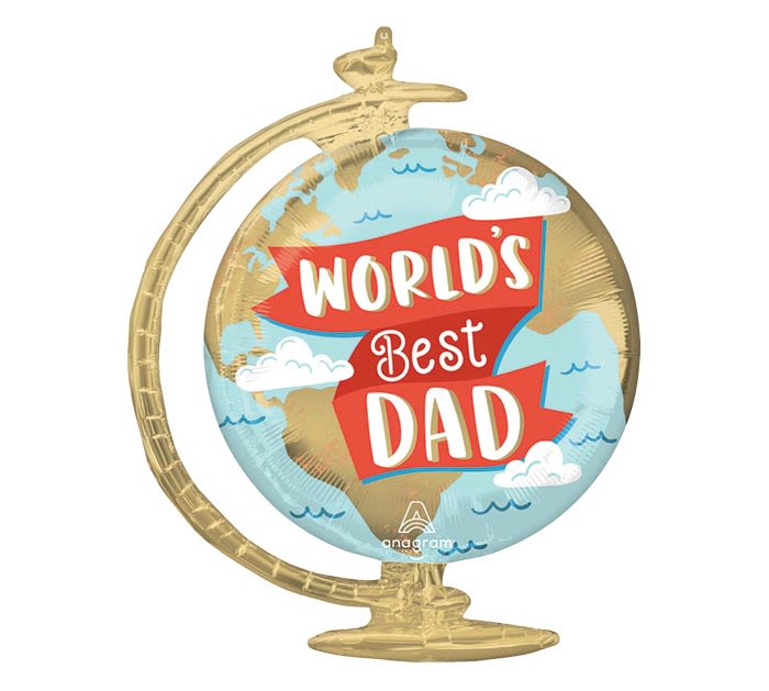 Globe-shaped balloon with "World's Best Dad" text on a gold stand
