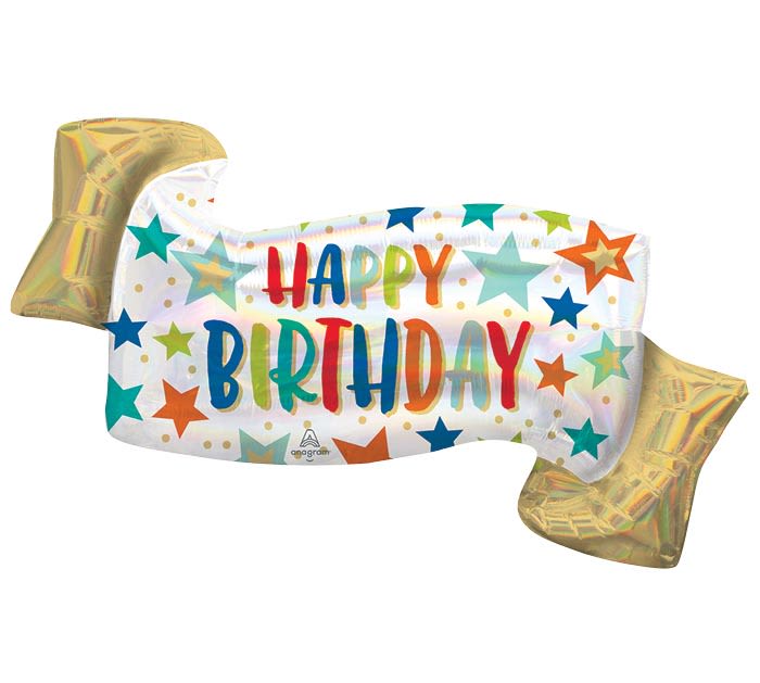 Birthday candy-shaped balloon with colorful stars and gold ends