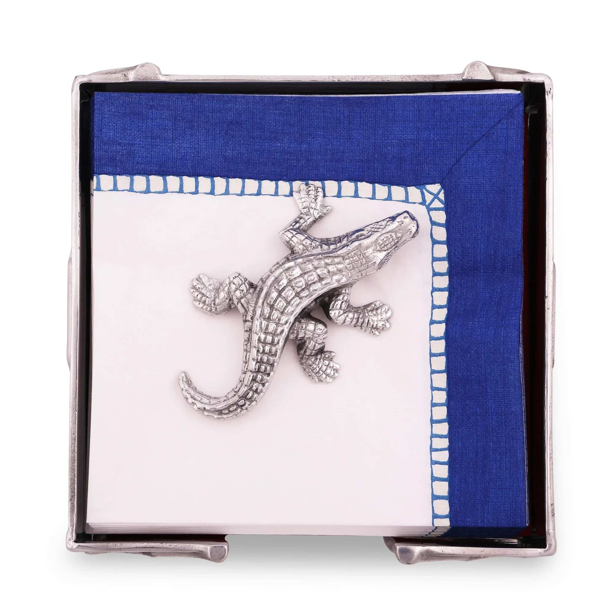 Alligator Napkin Weight by Arthur Court - A 3 inch gleaming silver alligator napkin weight makes a playful, polished statement for table decor - perfect as a housewarming or birthday gift or as a thoughtful hostess present. This tabletop accessory reads as both decorative and useful: the textured reptile detail and luster  bring a whimsical, preppy touch that will make the person you're thinking of smile every time they set the table.  Choose this as an elegant accent for spring entertaining, a charming addition to a new home, or a distinctive hostess gift that blends function with decorative flair.