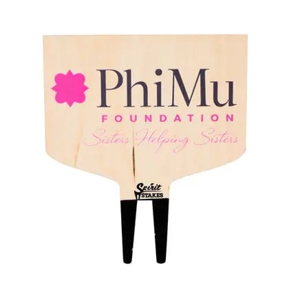 Phi Mu Motto Decorative Plant Stake - A cheerful Phi Mu motto decorative plant stake makes a warm, membership-focused gift for graduation, a thank-you to a chapter volunteer, or a thinking-of-you surprise for a sister. This 3.5" x 5.5" Phi Mu Foundation yard sign features a Natural Wood background, a bright pink flower emblem and bold dark lettering, giving it a celebratory, campus-ready look that reads as sincere and proudly sorority-branded.  The sign comes with approximately 2" weather-coated black plastic stake prongs for easy outdoor display; it does not include a plant, pot, or planter. Pair it with a potted pothos, succulent, or a favorite planter to create a thoughtful gift set for dorm rooms, offices, chapter events, or fundraisers - the pink, black, white and neutral tones coordinate well with casual indoor décor while also standing out on lawns or at campus gatherings.