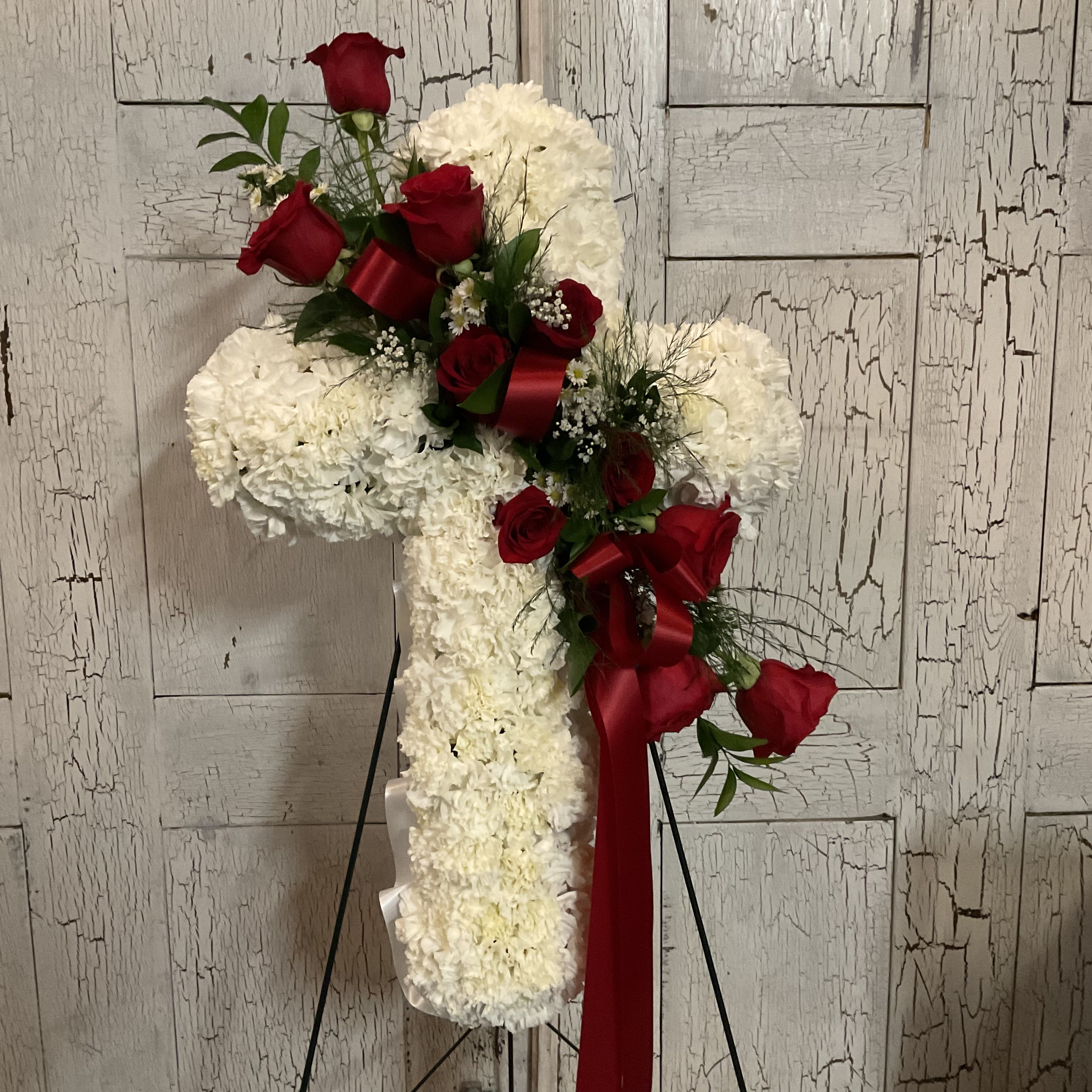 Sympathy Cross  - Standing funeral cross made of roses &amp; Carnations.