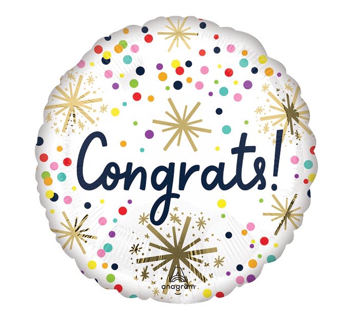 Congrats! Confetti Balloon 17" - A bright, playful 17" round foil balloon that announces celebration at a glance-perfect for a graduation, promotion, new baby, or any congratulatory moment. The white balloon is printed with "Congrats!" in dark blue script and scattered with mixed-color confetti dots and gold starburst accents, making it an upbeat addition to a party or a cheerful gift topper for the person you're celebrating.  Send this as a simple, joyful message that makes someone feel seen and celebrated-ideal for coworkers, recent grads, or friends marking a milestone. Balloon care: keep away from sharp objects and direct heat; if ordering for delivery, select the appropriate delivery date so it arrives filled with helium and attached ribbon!