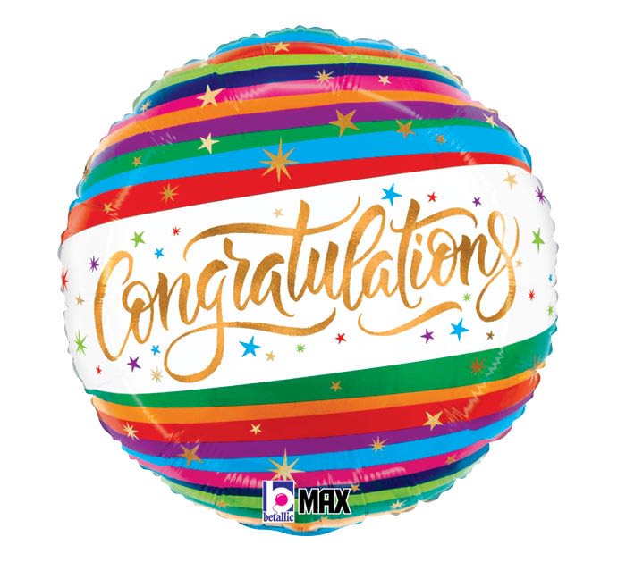 Congratulations! Balloon Color Stripes and Stars 18" - A glossy 18" round foil congratulatory balloon with bold rainbow color stripes and gold-script "Congratulations" makes an instant party focal point for graduation, promotion, new baby, or any milestone celebration. This mixed-color balloon-white center panel with bright orange and multicolor stripes and small star accents-reads as cheerful and festive, the kind of gift that makes the person you're celebrating feel truly seen and applauded.  The balloon arrives helium-filled and tied with ribbon, ready to float above a gift table or greet someone at the door. Its 17" Mylar construction holds helium much longer than latex, keeping the message upright and party-ready through the day. Perfect paired with a small floral bouquet or as a stand-alone surprise, it sends an unmistakable celebratory message for birthdays, graduations, job wins, or retirement.