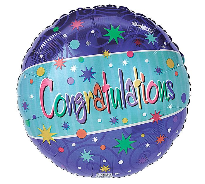 Congratulations Balloon 17" - A bright, party-ready 17" round foil balloon that says "Congratulations" in bold multicolored letters-perfect as a celebratory accent for graduations, promotions, birthday milestones, or any moment worth cheering. The purple outer field and light-blue center band give it a lively, playful look, while scattered starbursts and confetti dots in pink, green, yellow, orange, and white make the message pop and feel festive for the person you're honoring.  This helium-filled mylar balloon arrives tied with ribbon and is ready to float above a bouquet or stand on its own as a thoughtful add-on to a flower arrangement or gift. The mix of purple, blue, pink and bright accent colors pairs well with mixed-color floral designs and suits a wide range of celebratory occasions-an easy way to make someone feel celebrated the moment they walk in.