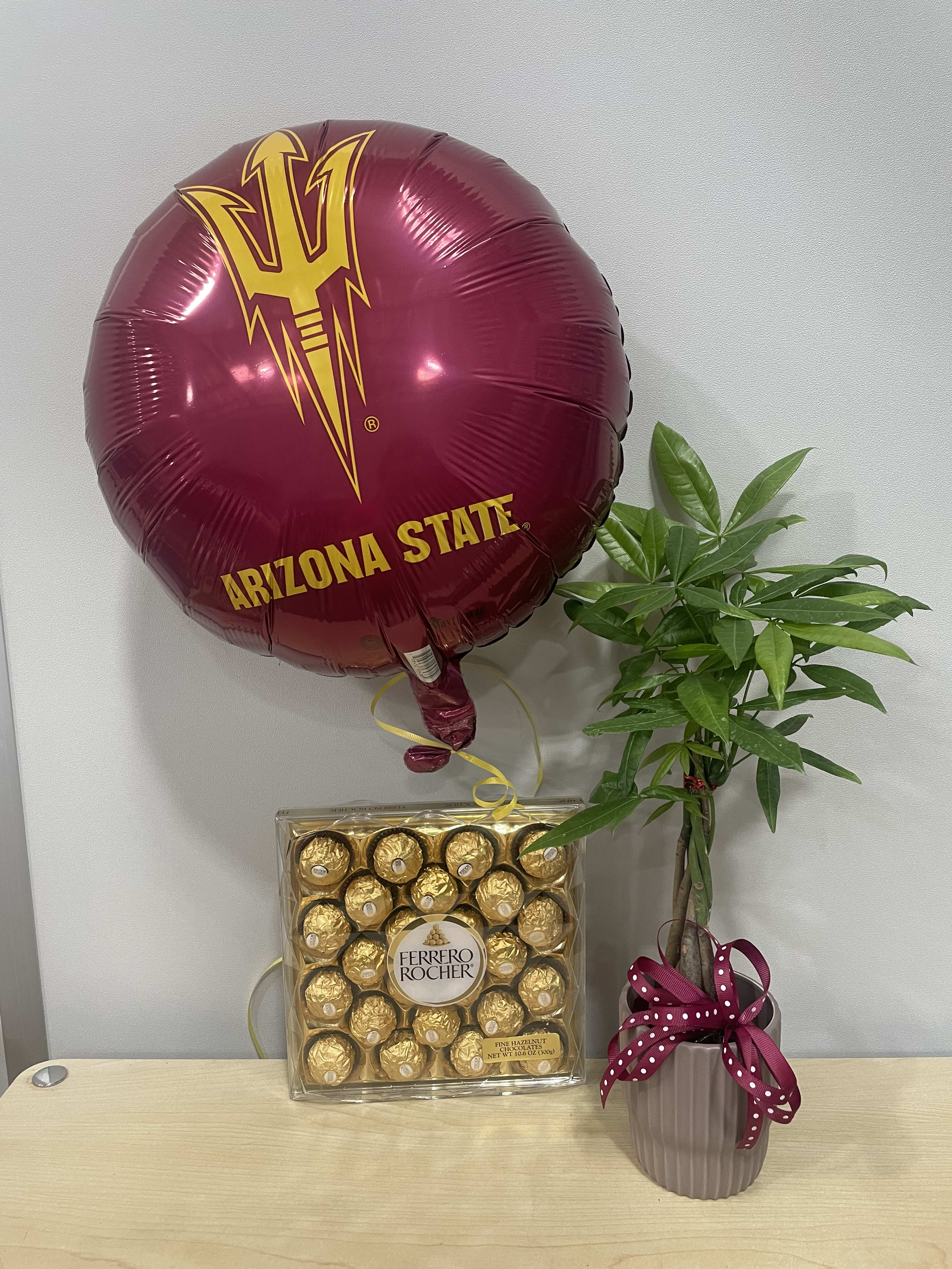 Arizona State balloon with Ferrero Rocher chocolates and a potted plant