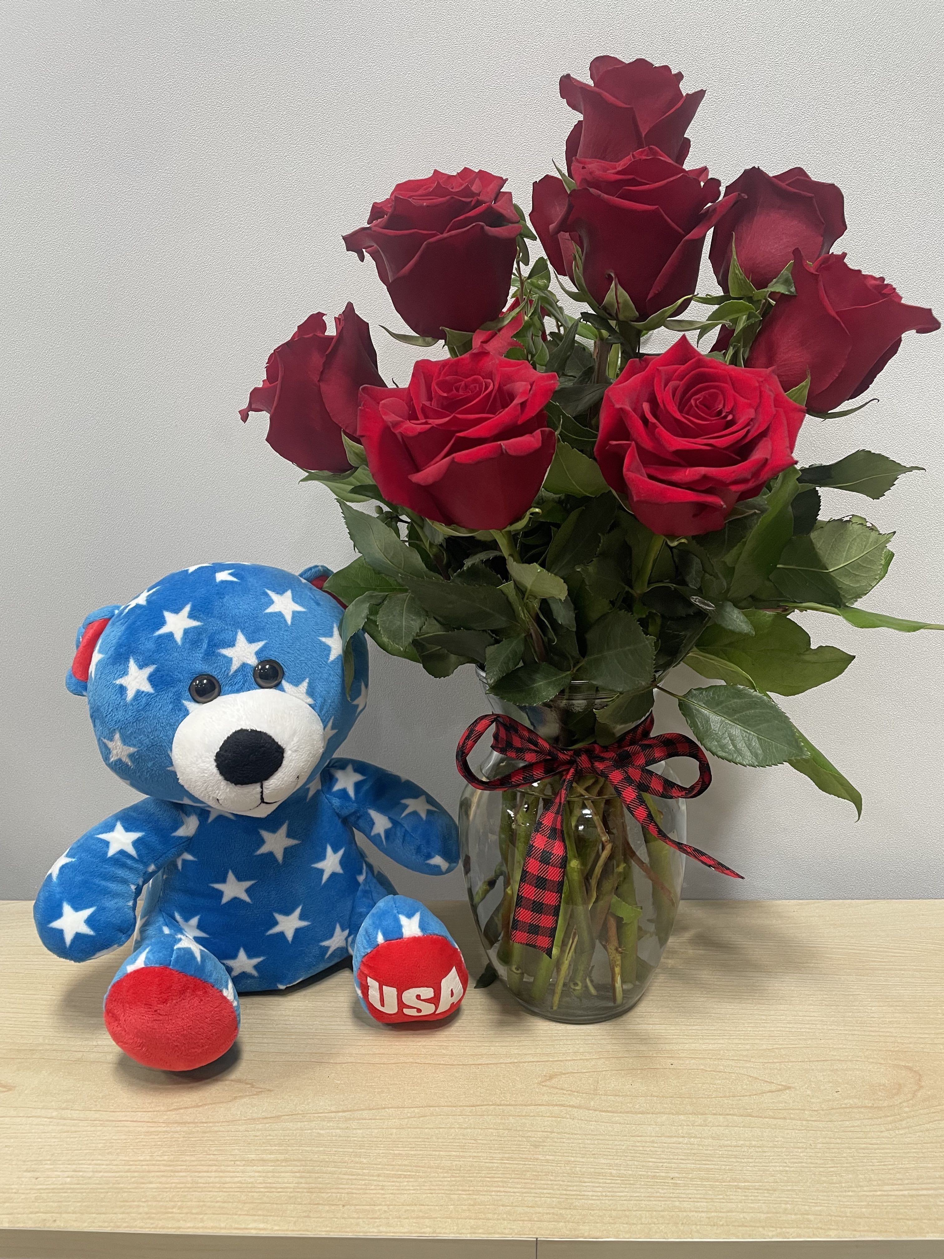 Red Roses &amp; USA Bear - As shown