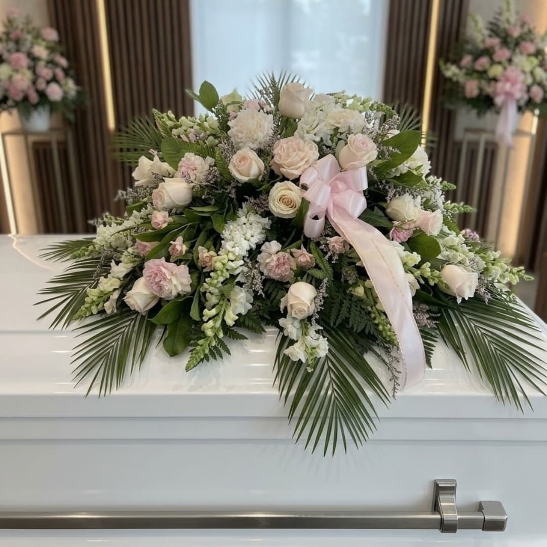 White casket spray with pale pink roses and a pink ribbon