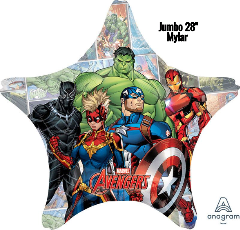 Jumbo 28" Avengers Mylar  - Make a big, bold statement for a superhero birthday with this jumbo 28" Avengers Mylar star balloon - the perfect party accent for a birthday bouquet or kid's celebration. Featuring comic-style artwork of Hulk, Captain America, Iron Man, Black Panther, and Captain Marvel, the mixed red, blue, green and gold palette pops from across the room and instantly signals a fun, high-energy occasion.  This star-shaped foil balloon measures 28 inches across and is printed on glossy mylar with vivid, high-contrast colors and black comic outlines that read well in photos and on party décor. The piece pairs easily with mixed-color floral arrangements or stands strong on its own as a topper to a gift table; the Anagram logo appears discreetly on the design.  Perfect for a child's superhero birthday or any fan who loves the Avengers, this balloon adds joyful movement and vibrant color that will make the recipient feel celebrated and seen. Order with same-day pickup or delivery where available to ensure crisp inflation and best presentation; foil balloons hold helium far longer than latex, so it remains a standout through the party.
