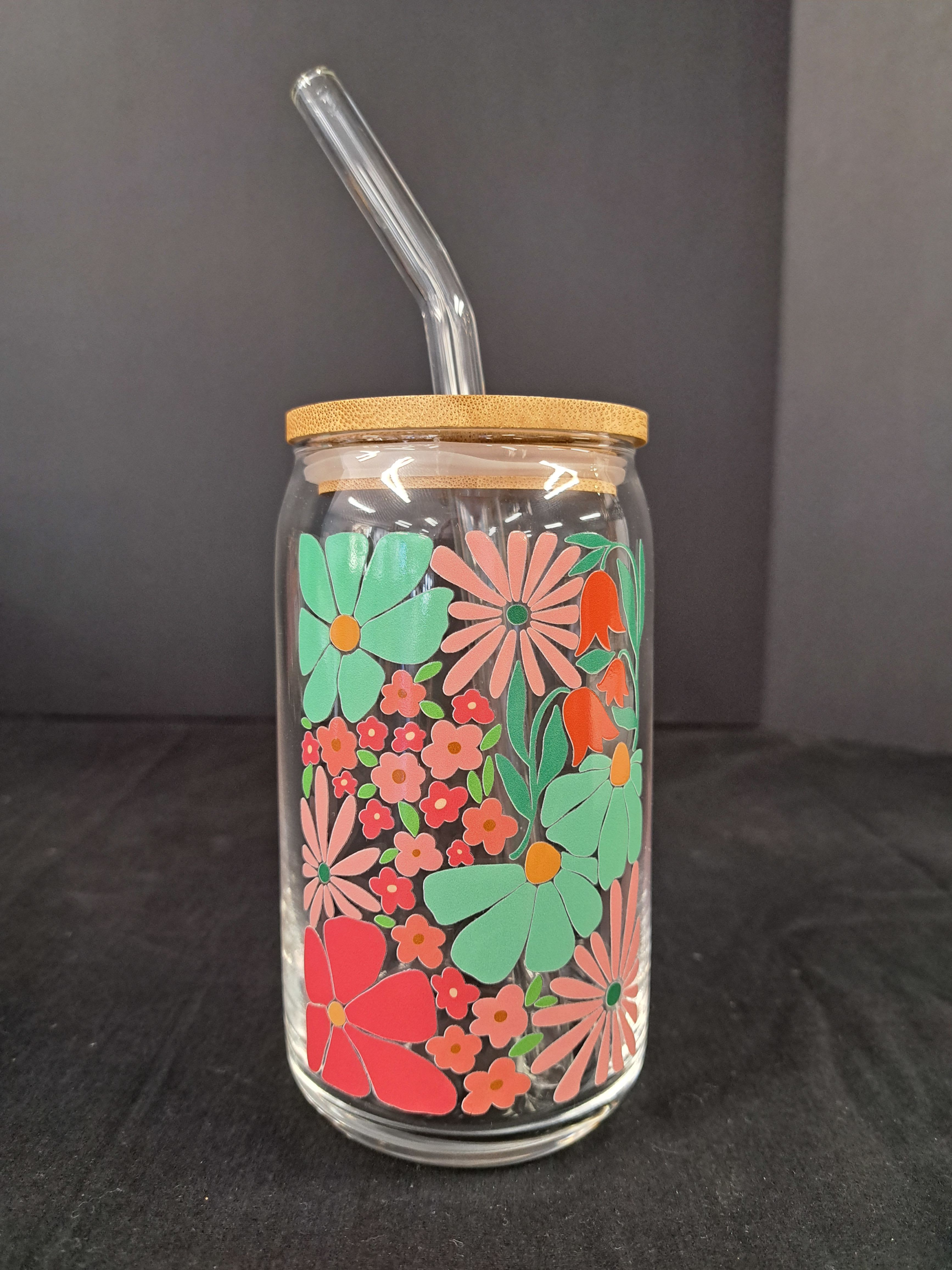 Colorful Flower Cup  - Handmade beverage cup. comes with either a glass or plastic straw. Write in the notes which you prefer.