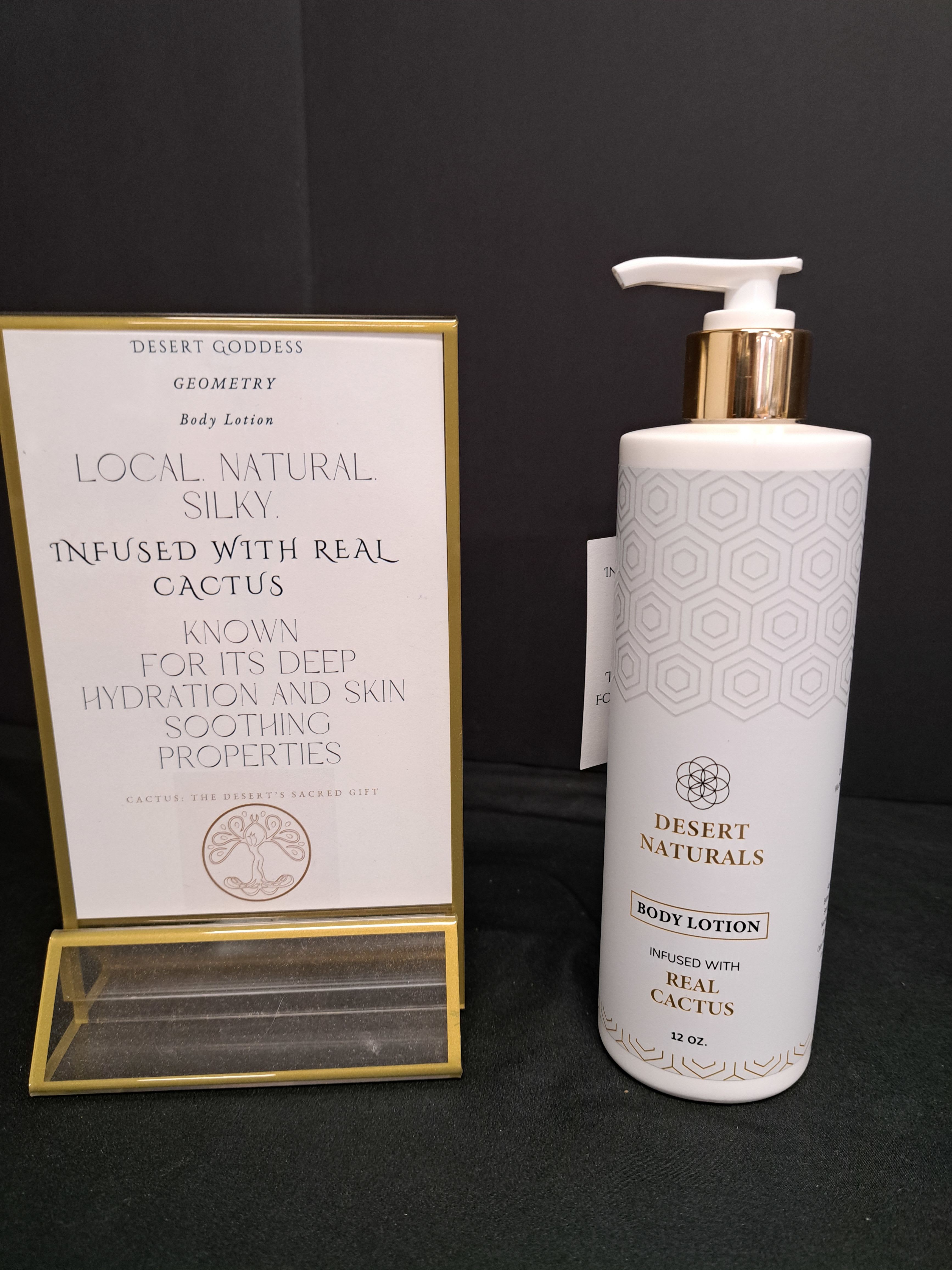 Desert Goddess Body Lotion - the ultimate gift for the eco-conscious goddess in your life! Made with all-natural ingredients, including real cactus. The Desert Goddess Body Lotion will leave your skin feeling silky smooth and hydrated.  Ingredients: distilled water, real cactus, Mango butter, coconut oil, infused with ayurvedic herbs, cocoa butter, emulsifying wax, cetyl alcohol, glycerin, xanthan gum, vitamin E, preservative, fragrance. 