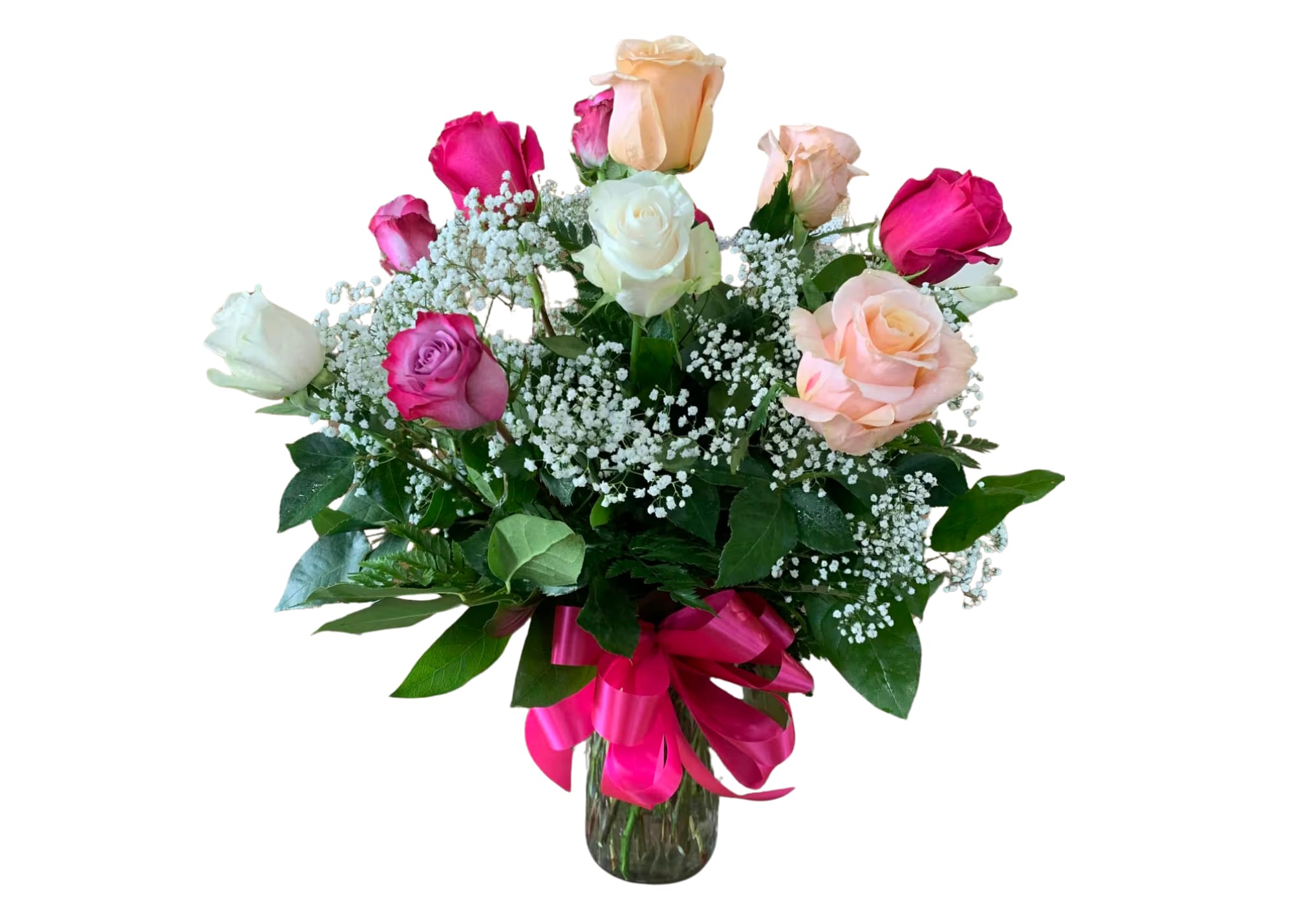 Dozen Mixed Roses - A dozen mixed roses arranged beautifully in a vase with greens and filler!  Colors vary with each arrangement. 