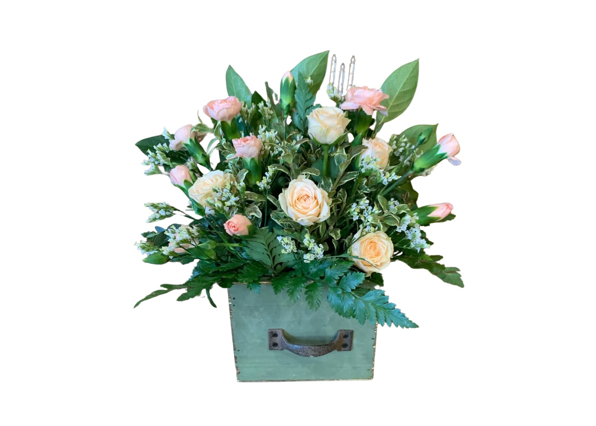 Peach roses and pink carnations in a mint-green box