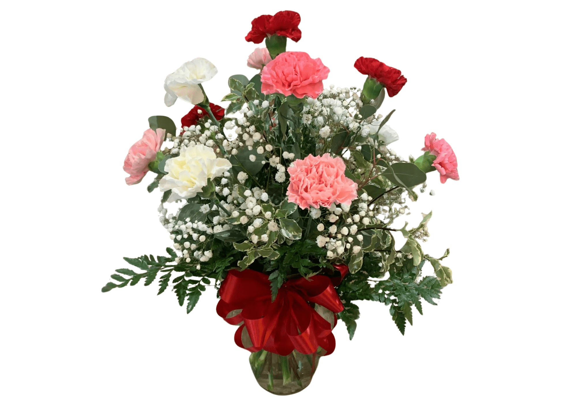 Bouquet of pink and red carnations with baby's breath in a glass vase
