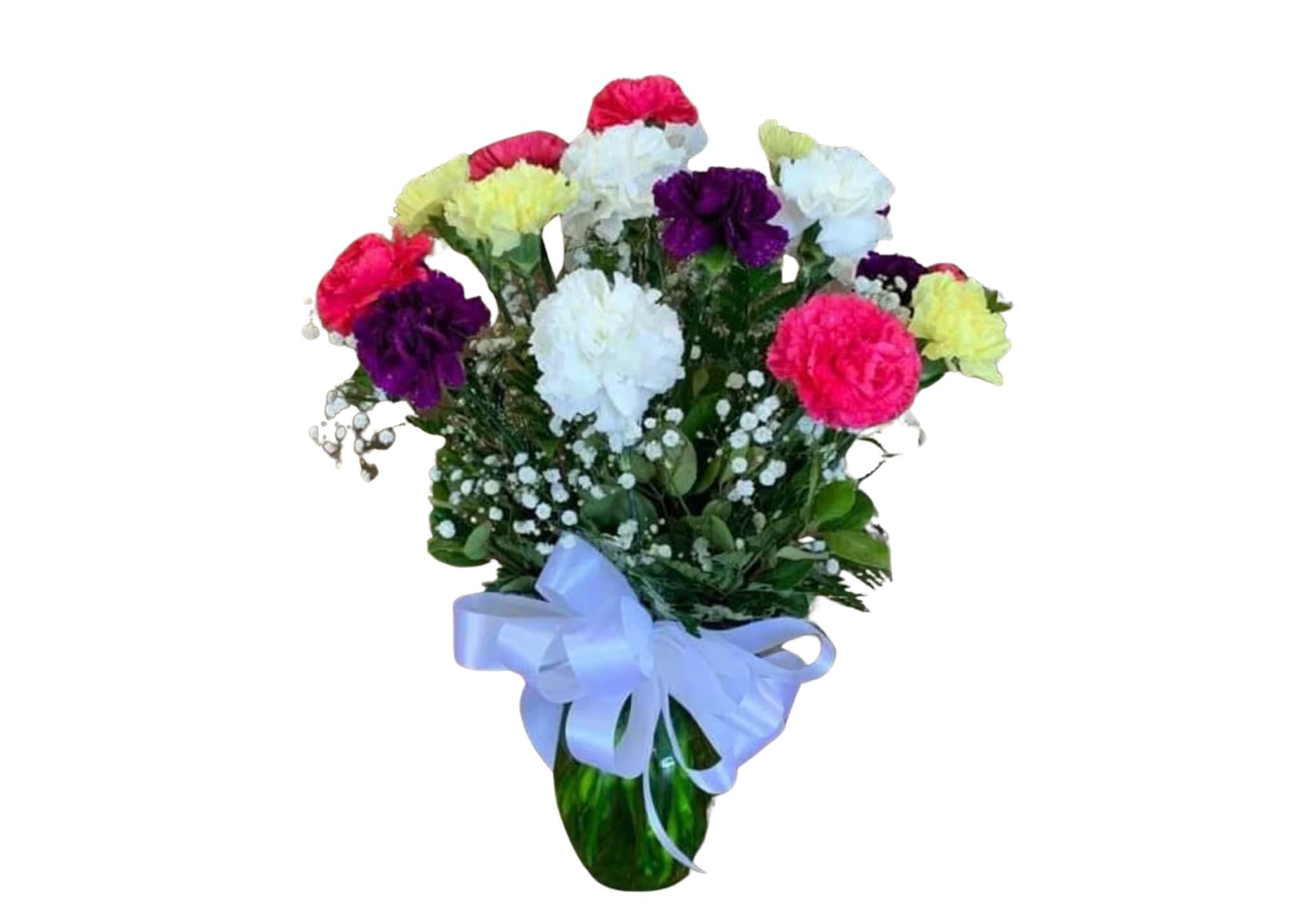 Bouquet of colorful carnations in a green vase with a blue ribbon