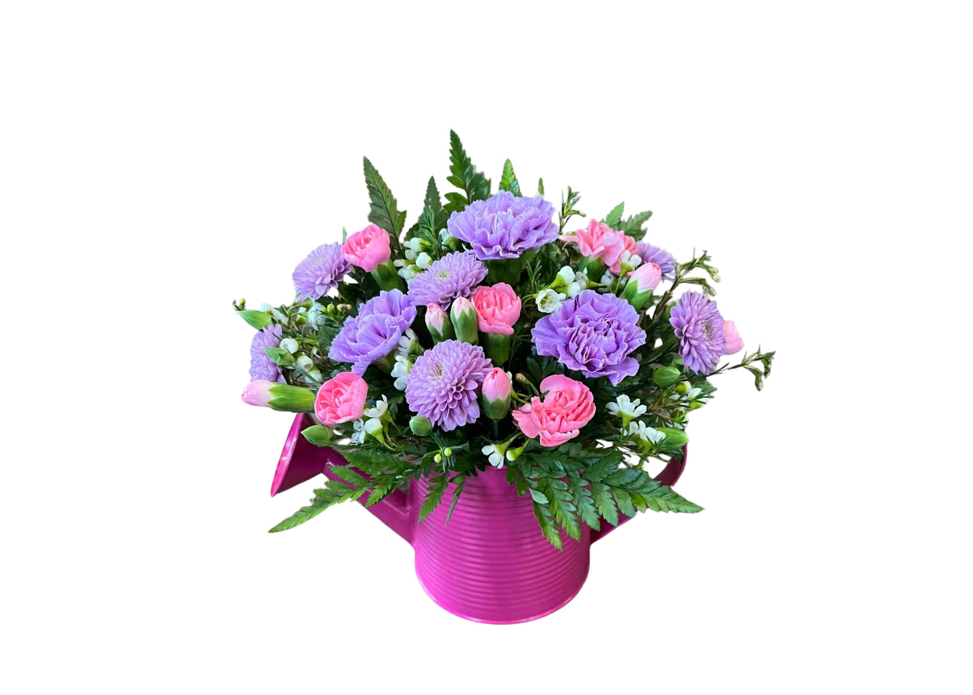 Pink and lavender mixed bouquet in a magenta container