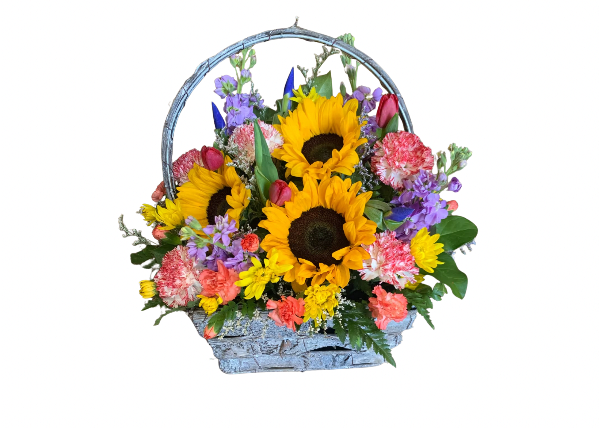 Basket arrangement with sunflowers, carnations, and purple flowers