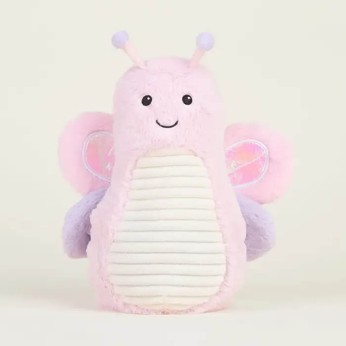 Pink plush butterfly toy with a smiling face and pastel wings
