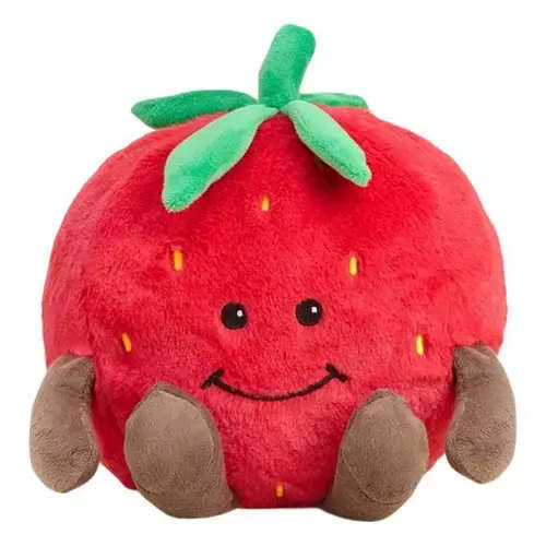 Strawberry-shaped plush toy with a smiling face