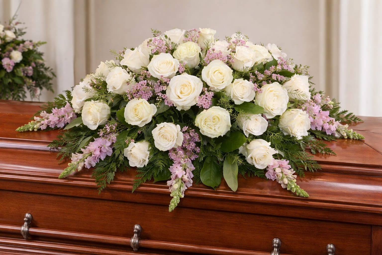 Forever In My Heart - This beautiful casket spray of white roses and lavender snaps represents how much