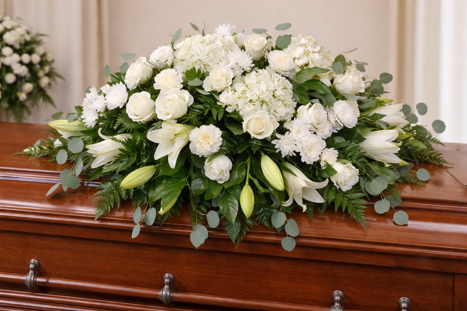 Peace - An all white tribute, this half casket spray is pure in color and heart. Featuring a variety of white flowers and greenery, this elegant half casket spray compliments the beauty of life. 