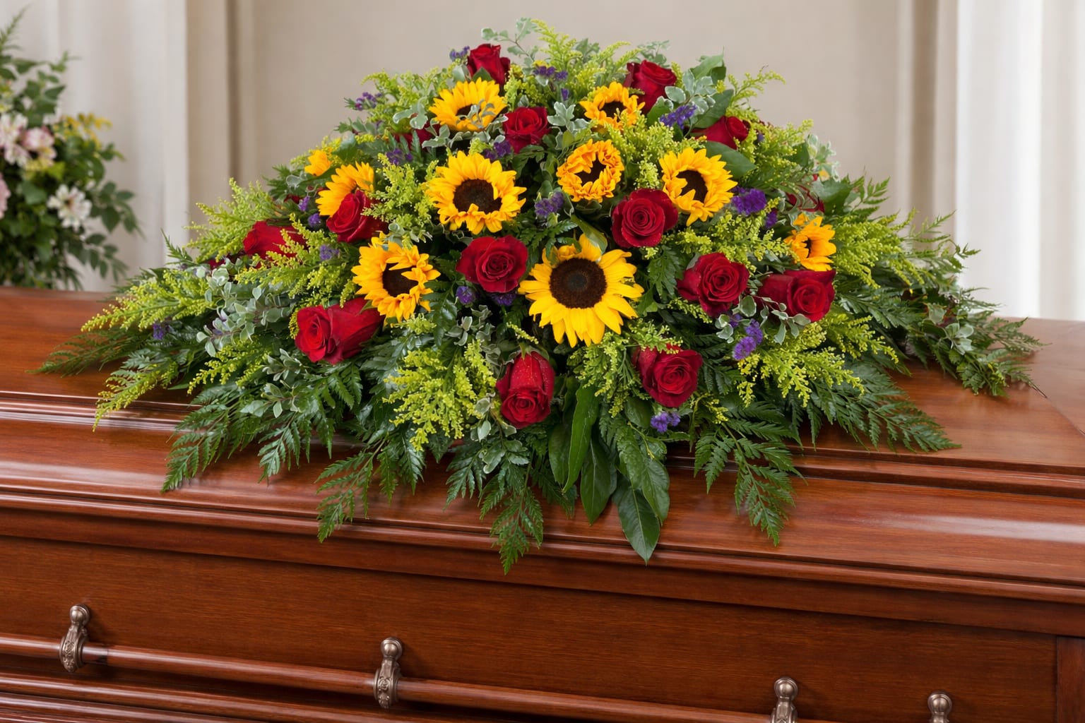 Sunflowers and Roses Spray - Sunflower and rose full one sided casket spray 