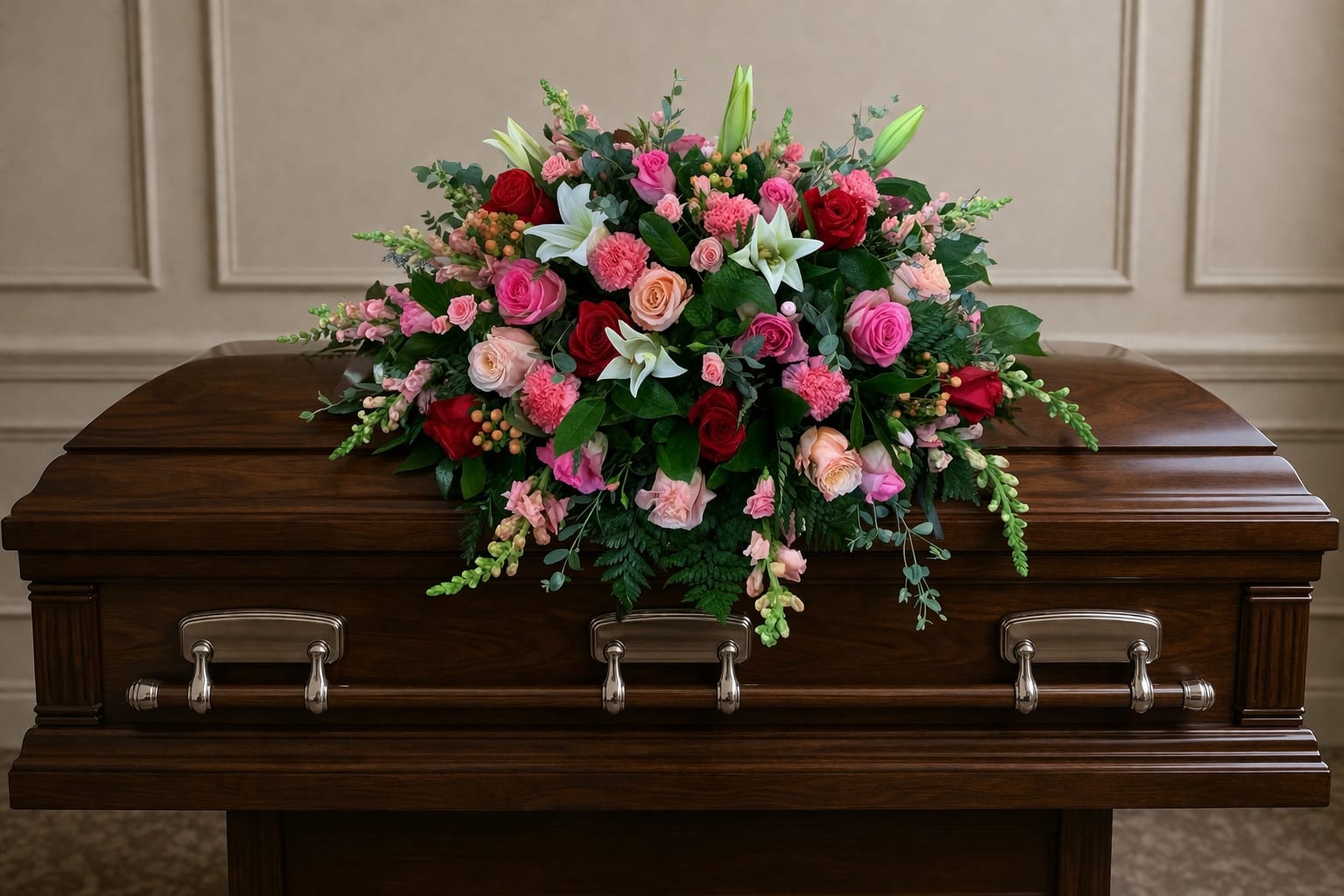 Amazing Grace Casket Spray - A beautiful mix of whites, pinks and red flowers make up this casket spray.