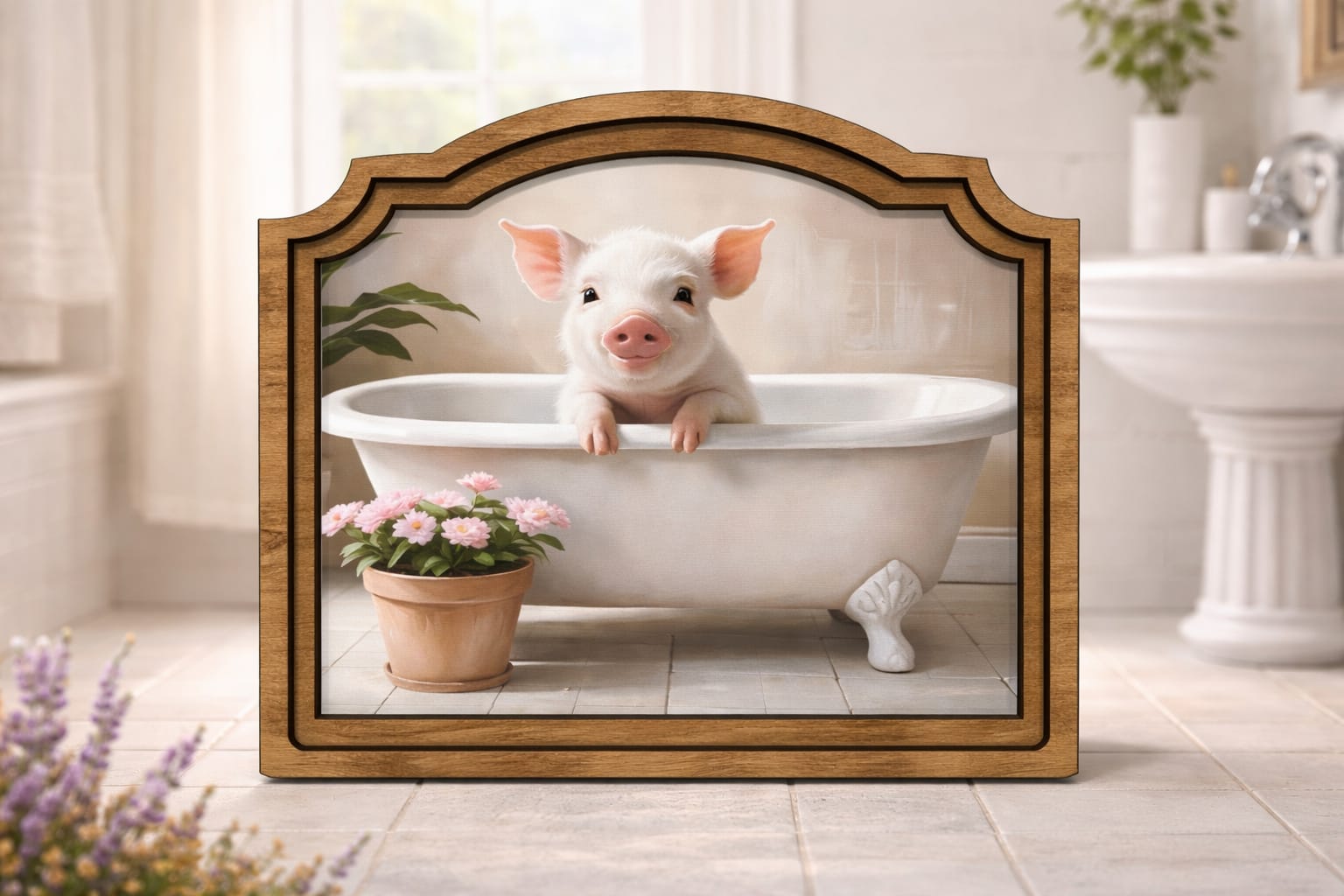 Pig In Tub Framed Art  - Unique canvas framed artwork.   10x9x0.8 in.