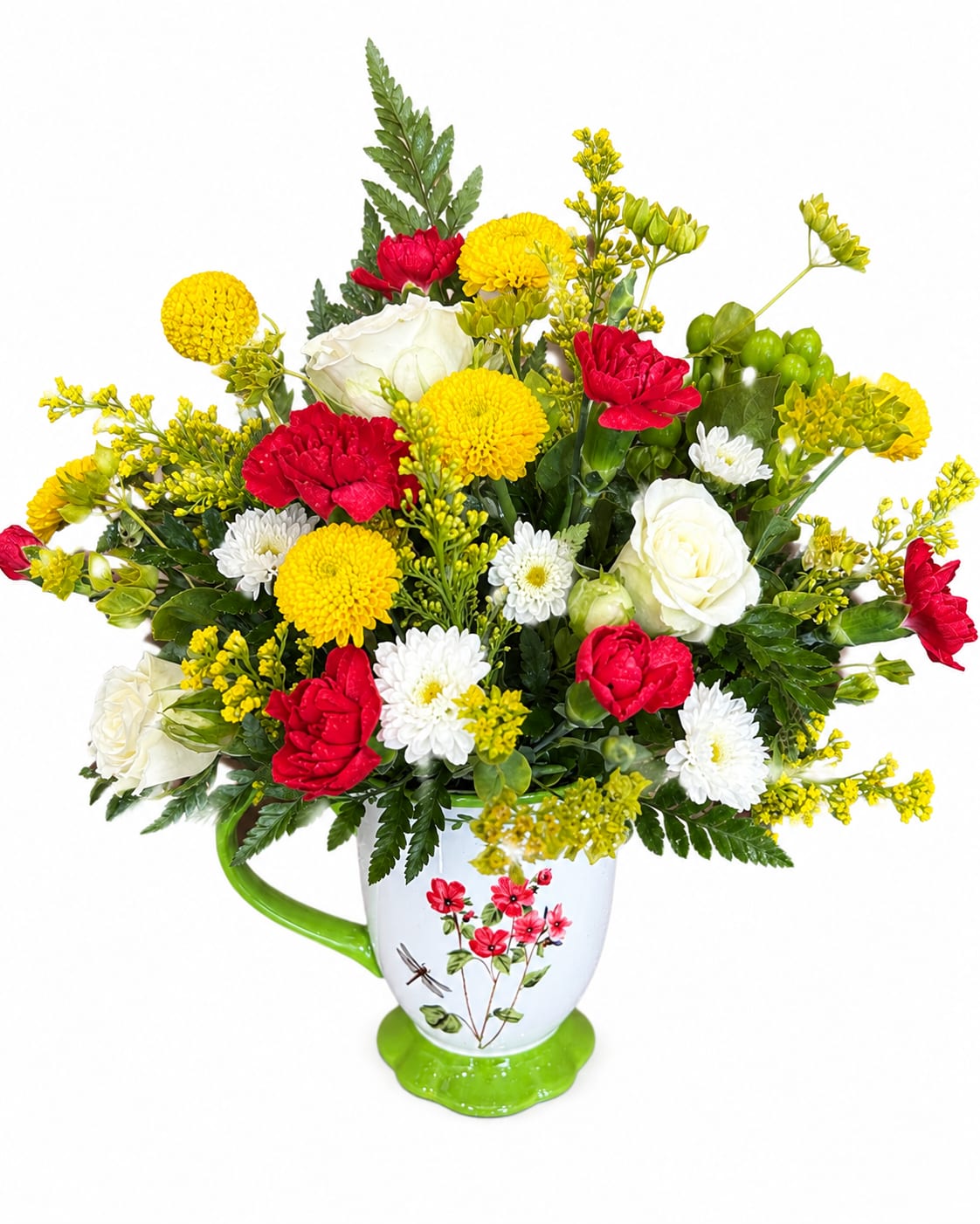Bouquet of red, white, and yellow flowers in a white mug vase