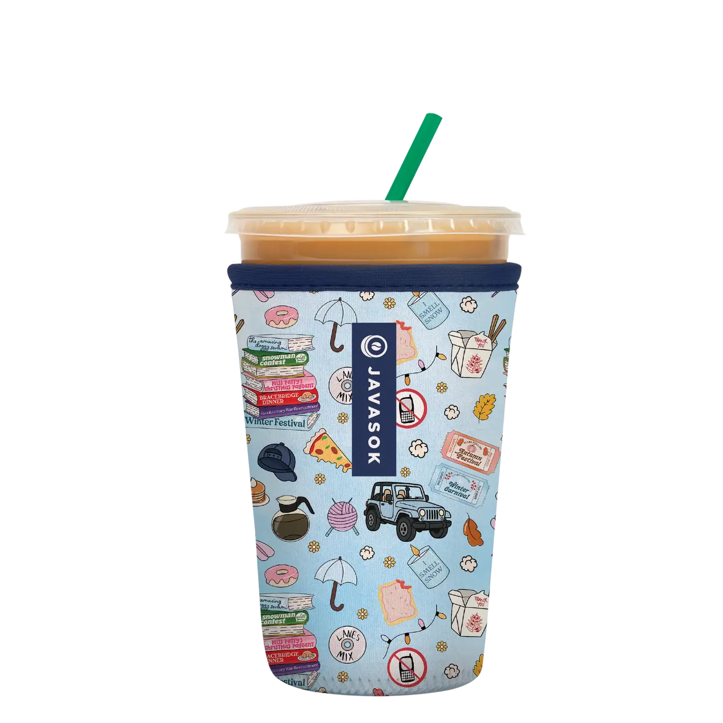 Insulated tumbler with a lid and straw in a patterned sleeve