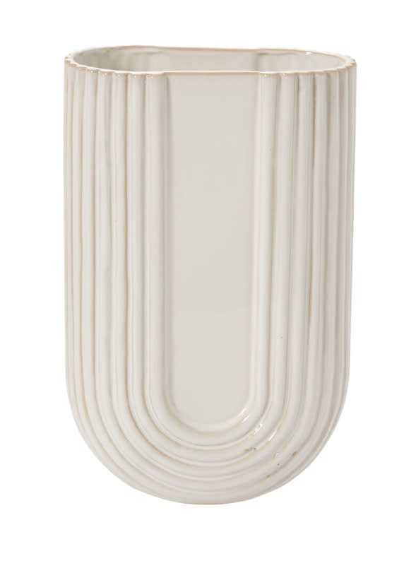 Cream ribbed ceramic vase with a rounded base