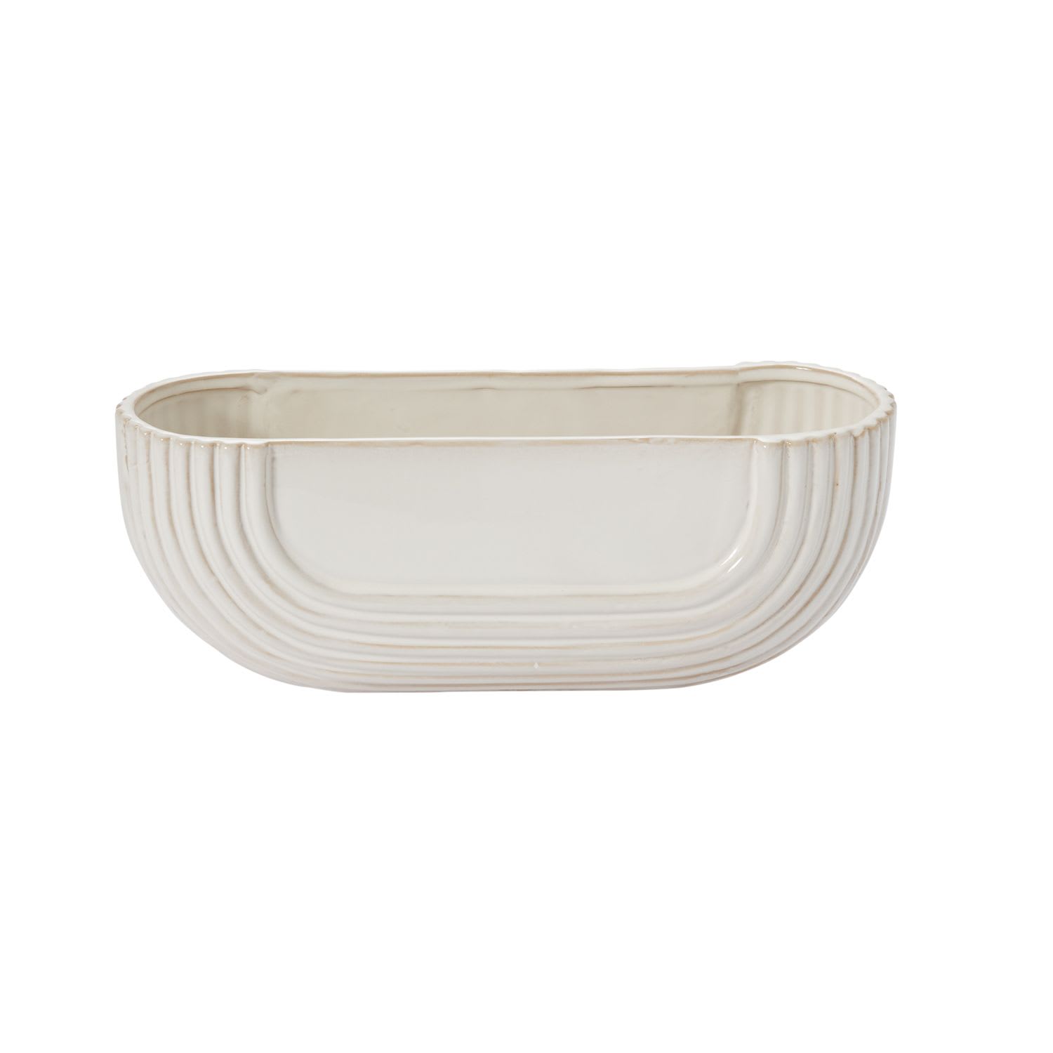 Cream oval ceramic planter with ribbed sides