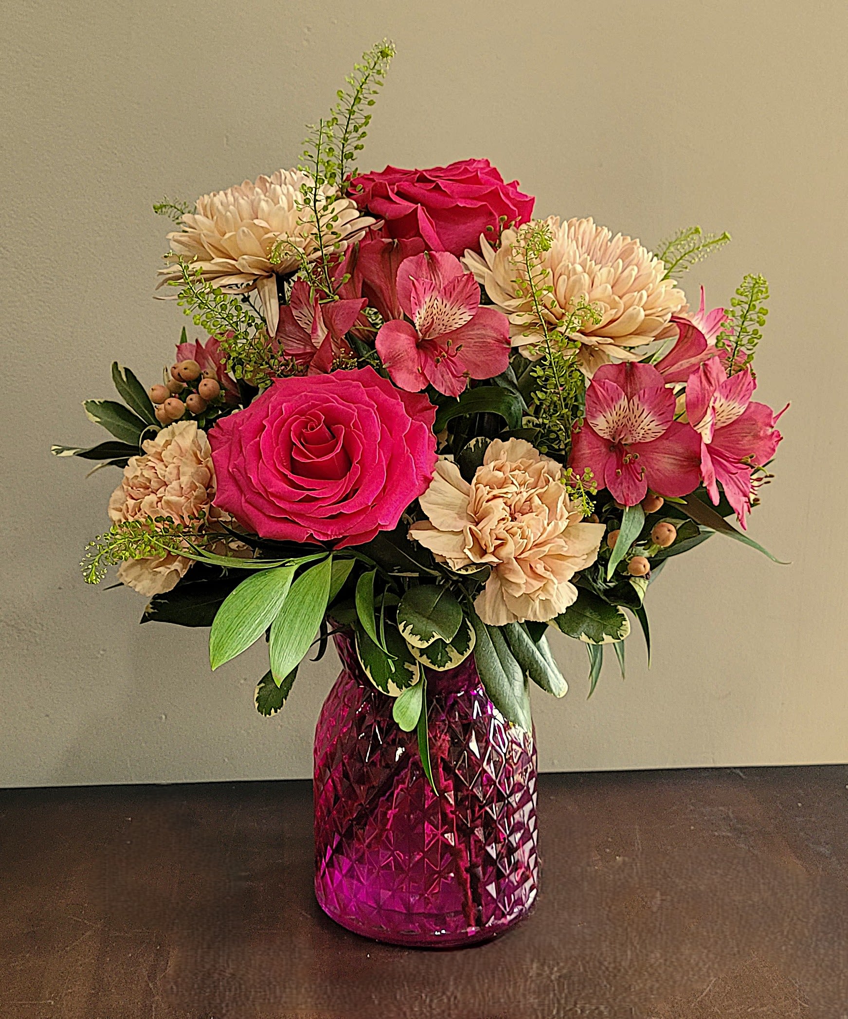 Diamonds in the Sky - An assortment of wonderful seasonal blossoms will put diamonds in the eyes when receiving this bouquet.  Flowers include large Disbud Cremons, Alstroemeria, Roses, Carnations and mixed spring greenery.  