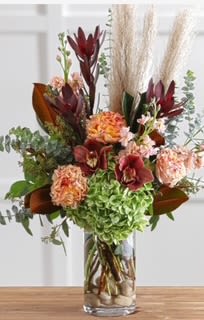 fall for you - tall fall arrangement with orchids and magnolia