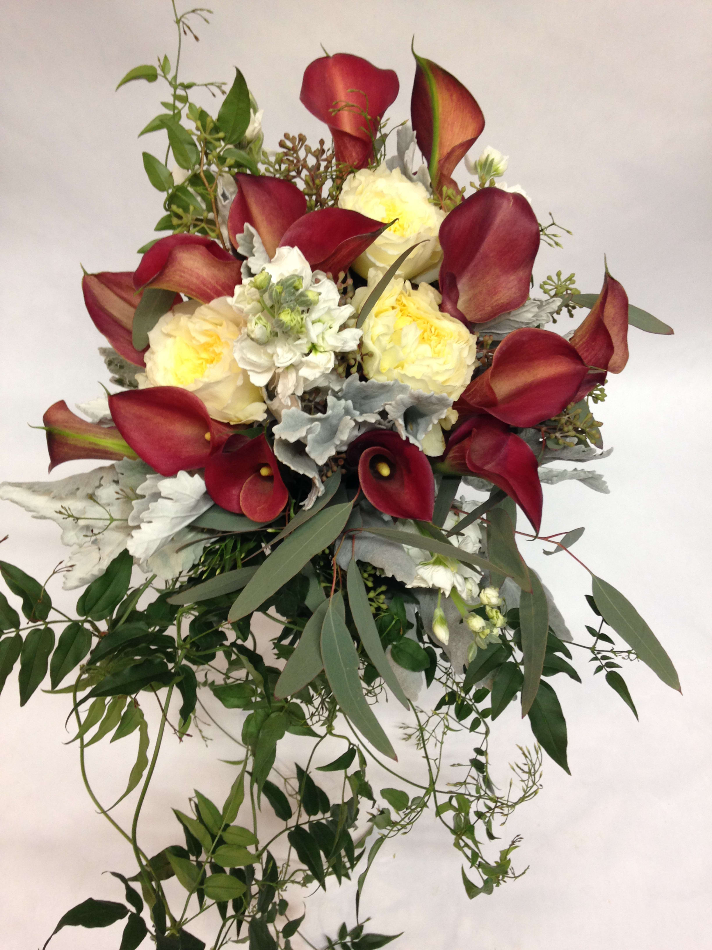 Bouquet of burgundy calla lilies and pale yellow roses with trailing greenery