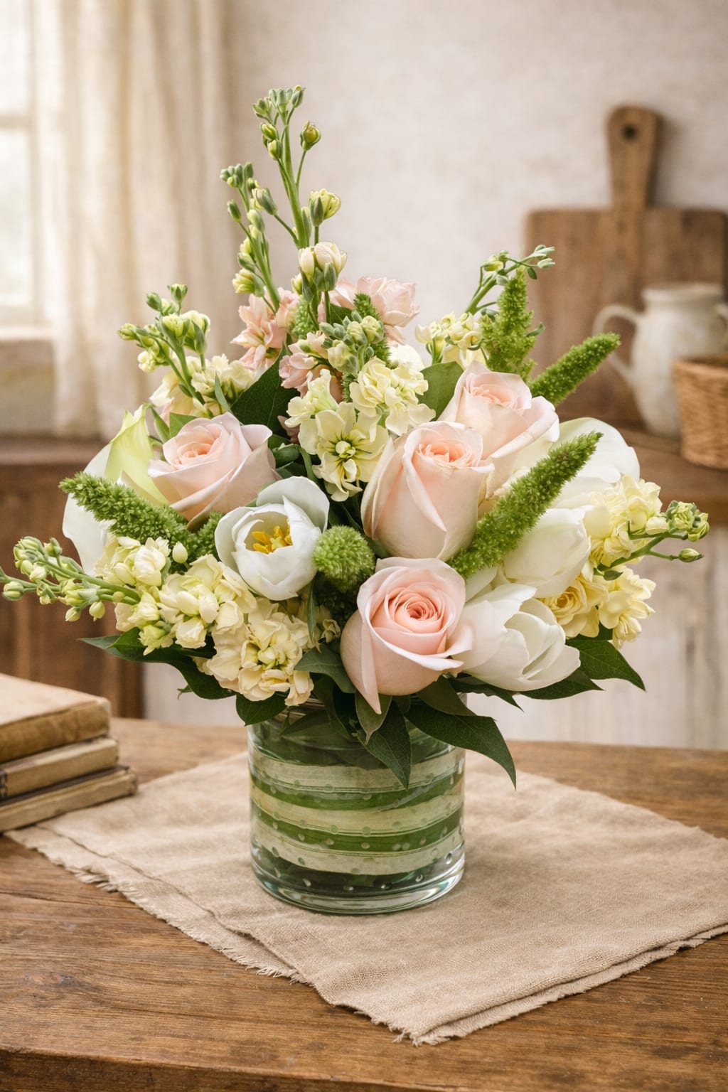 Bouquet of pale pink and white flowers in a glass vase