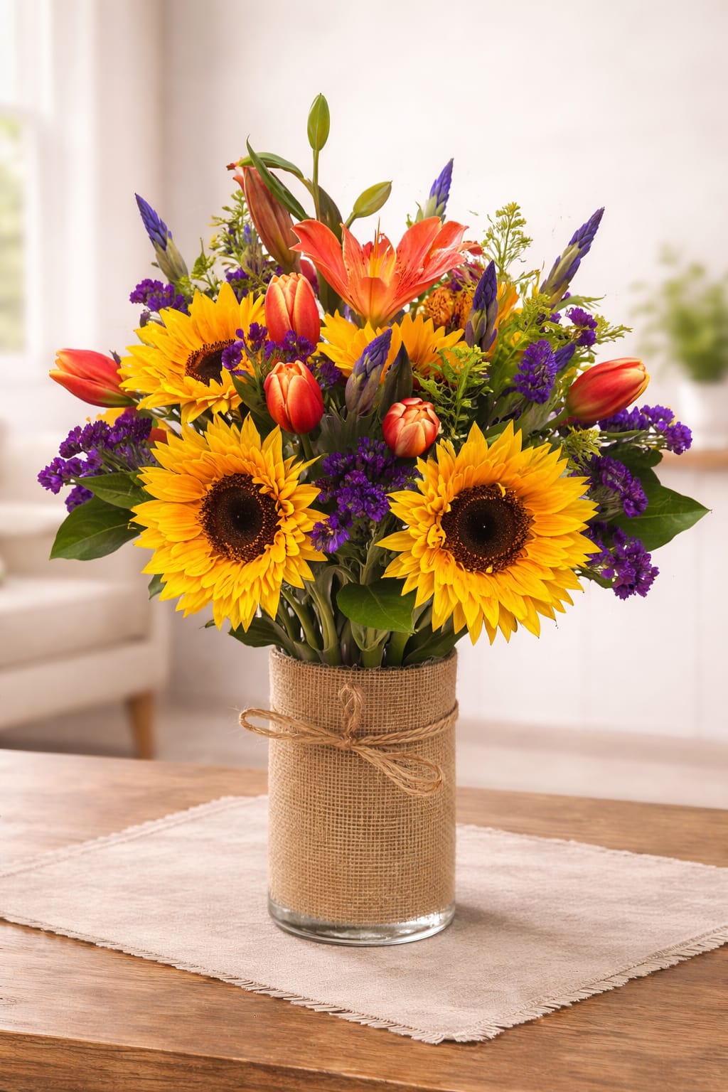 Bouquet of sunflowers, orange lilies, and purple filler in a glass vase