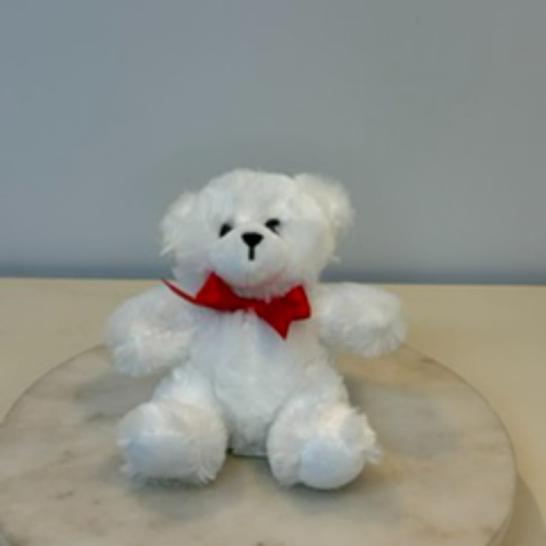 White teddy bear with a red bow sitting on a round tray