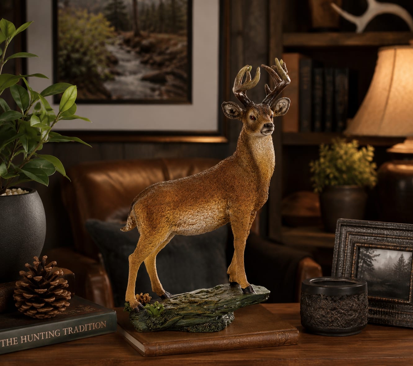 Majestic Woodlands 8.5” Deer Figurine - Bring the beauty of the outdoors indoors with this detailed deer figurine, a thoughtful gift and decorative accent for hunters, outdoorsmen, wildlife enthusiasts, and anyone who appreciates rustic style. Featuring realistic detail and natural character, this piece looks right at home in cabins, lodges, offices, man caves, hunting camps, bookshelves, mantels, and rustic home interiors.  Whether displayed on its own or paired with fresh flowers, the deer figurine creates a warm and welcoming focal point that celebrates a love of nature, wildlife, and the outdoors. Its versatile design makes it appropriate for birthdays, Father’s Day, retirement gifts, thank-you gifts, housewarmings, corporate gifts, and special occasions throughout the year.  For sympathy occasions, this keepsake offers something many families appreciate—a meaningful gift that remains long after the flowers have faded. It serves as a lasting reminder of a loved one, making it especially appropriate for hunters, conservationists, outdoorsmen, and those who enjoyed spending time in nature.  This figurine is also available in enhanced floral presentations, allowing it to be incorporated into custom gift designs, sympathy arrangements, memorial displays, and celebration-of-life tributes.
