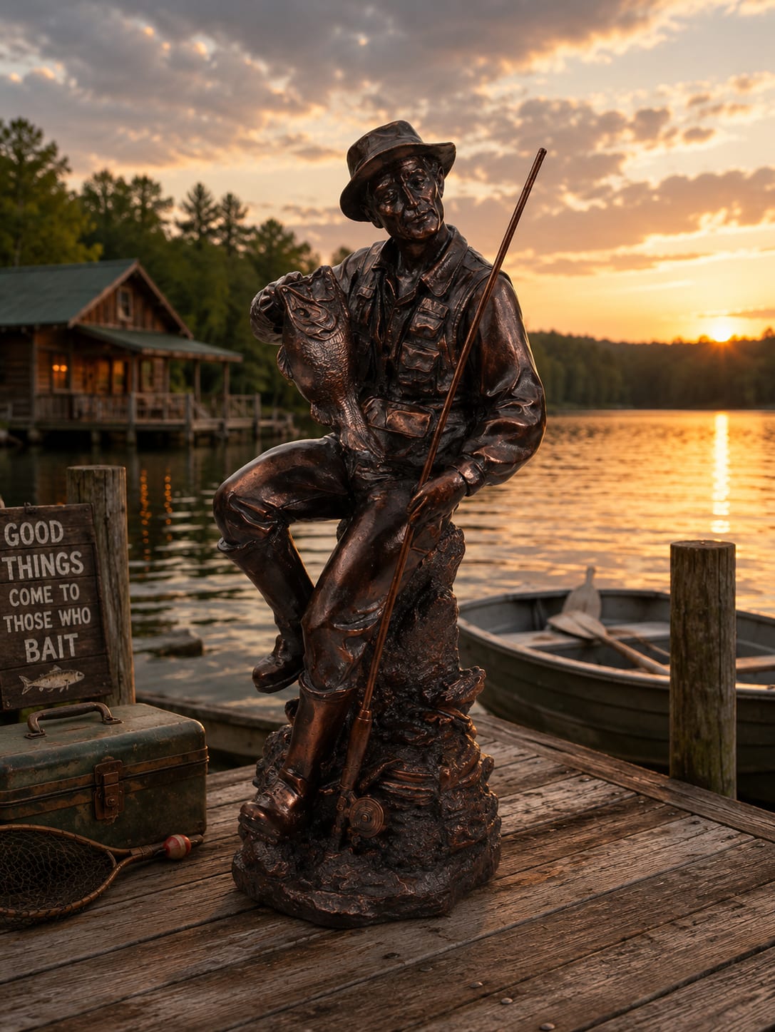 Reel Memories Figurine  - Celebrate the love of fishing with Reel Memories, a detailed resin fisherman figurine finished in a bronze-look patina. Standing approximately 8 inches tall, this keepsake captures the peaceful tradition of time spent on the water, from early mornings at the lake to unforgettable days with family and friends.  The Standard version includes the figurine by itself. Deluxe pairs the figurine with a fresh floral arrangement. Premium showcases the figurine in a larger floral display for added presentation and impact. The figurine may also be incorporated into a custom dish garden planter for a lasting green plant gift.  Perfect for fishermen, anglers, lake lovers, cabin owners, outdoor enthusiasts, Father’s Day gifts, retirement gifts, birthday gifts, memorial gifts, sympathy gifts, and celebration of life tributes. Whether displayed in a home, office, lake house, cabin, or memorial setting, Reel Memories serves as a lasting reminder of favorite fishing stories and treasured time outdoors.  Figurine measures approximately 8 inches tall and is constructed of resin with a bronze-look finish. Floral varieties, containers, and accents may vary based on seasonal availability. The overall theme, style, and presentation of Reel Memories will be maintained.