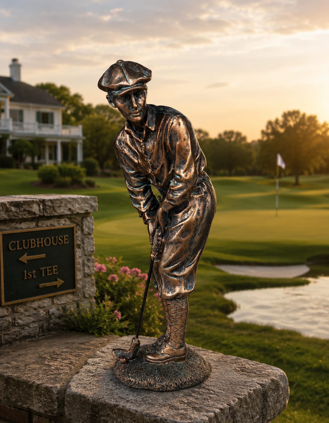Fairway Gentleman Figurine - Celebrate the tradition, skill, and sportsmanship of the game with Fairway Gentleman, a detailed resin golfer figurine finished in a bronze-look patina. Standing approximately 8 inches tall, this keepsake honors golfers who find joy on the fairway, friendship at the clubhouse, and satisfaction in a well-played round.  The Standard version includes the figurine by itself. Deluxe pairs the figurine with a fresh floral arrangement. Premium showcases the figurine in a larger floral display for added presentation and impact. The figurine may also be incorporated into a custom dish garden planter for a lasting green plant gift.  Perfect for retirement celebrations, Father’s Day, birthdays, congratulations, memorial tributes, sympathy occasions, country club members, golf enthusiasts, office décor, man caves, and anyone who loves spending time on the links. Whether displayed at home, in an office, clubhouse, golf-themed room, or memorial setting, Fairway Gentleman serves as a lasting reminder of favorite rounds, lifelong friendships, and a passion for the game.  Constructed of durable resin with a bronze-look finish, the figurine measures approximately 8 inches tall. Floral varieties, plants, containers, and accents may vary based on availability. While individual elements may differ, the overall style, theme, and presentation of Fairway Gentleman will be maintained.