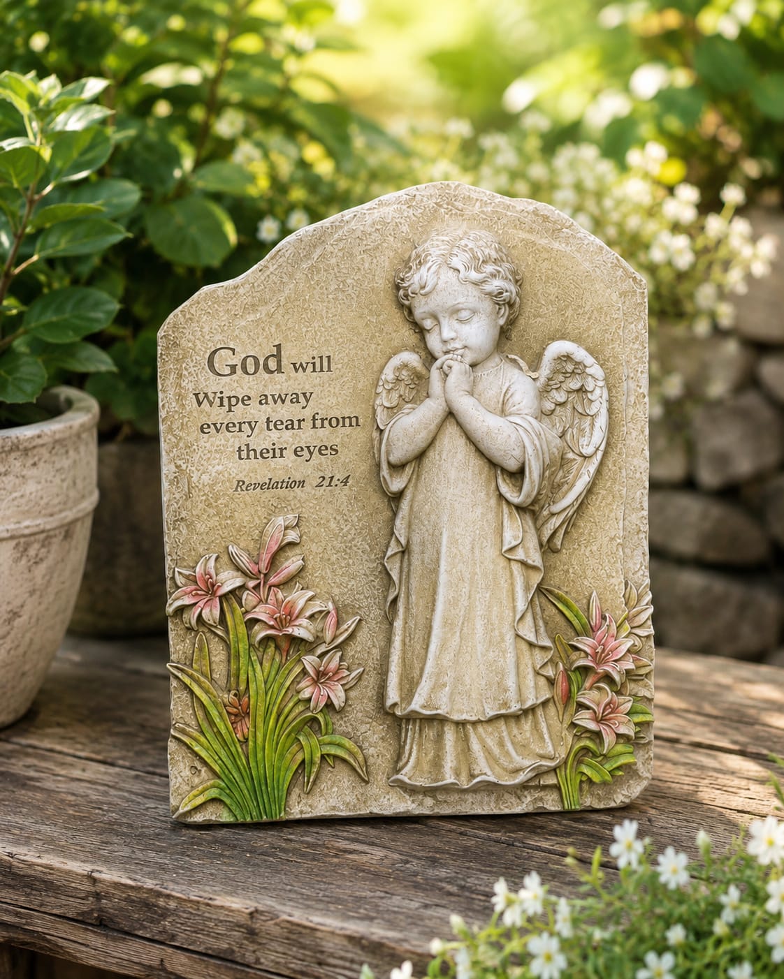 Peaceful Comfort Plaque - Offer comfort and remembrance with Peaceful Comfort, a beautifully detailed angel memorial plaque featuring the comforting words of Revelation 21:4. This meaningful keepsake serves as a lasting reminder of faith, love, and cherished memories.  The Standard version includes the plaque by itself, making it a thoughtful sympathy keepsake for the home, garden, memorial display, or remembrance table.  The Deluxe version pairs the plaque with a fresh floral arrangement, combining lasting remembrance with the beauty of fresh flowers.  The Premium version features the plaque nestled within a larger floral tribute, creating a beautiful focal display for funeral services, memorial services, visitations, and celebrations of life.  Perfect for sympathy, bereavement, memorial gifts, funeral services, remembrance, anniversaries of loss, and lasting home memorials.  Because floral tributes are individually designed, flowers and accents may vary based on availability. The overall style, theme, and presentation of Peaceful Comfort will be maintained. 