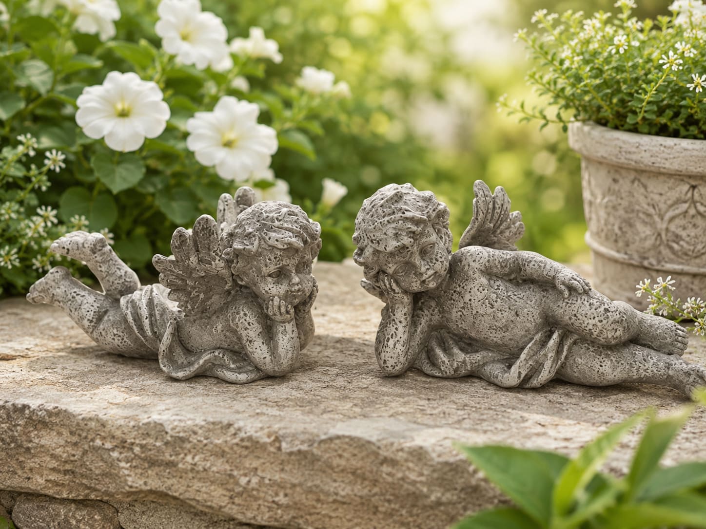Whispering Cherubs (Sold Separately)  - Add a subtle touch of comfort, faith, and beauty with Whispering Cherubs, charming 4-inch cherub figurines designed to complement fresh flower arrangements, dish garden planters, blooming plants, memorial tributes, and home décor. Small in size but rich in detail, these decorative accents provide a gentle expression of remembrance, encouragement, and hope.  Perfect for sympathy gifts, memorial arrangements, celebration of life tributes, bereavement gifts, dish gardens, blooming plants, keepsake displays, and everyday decorating, Whispering Cherubs bring added meaning and personality to floral gifts and plant presentations. Their compact size makes them easy to incorporate into fresh flower designs, green plant baskets, seasonal displays, and custom keepsake arrangements without overwhelming the overall design.  Whether included in a sympathy arrangement, tucked into a lush dish garden, displayed among houseplants, or placed on a shelf or tabletop, these cherub figurines create a lasting keepsake that can be enjoyed long after flowers have faded.  Measuring approximately 3” x 5” inch. Whispering Cherubs are sold individually and may vary slightly in pose and detailing. A beautiful choice for memorials, sympathy occasions, gardens, plant gifts, and anyone who appreciates angel-inspired décor and meaningful keepsakes.