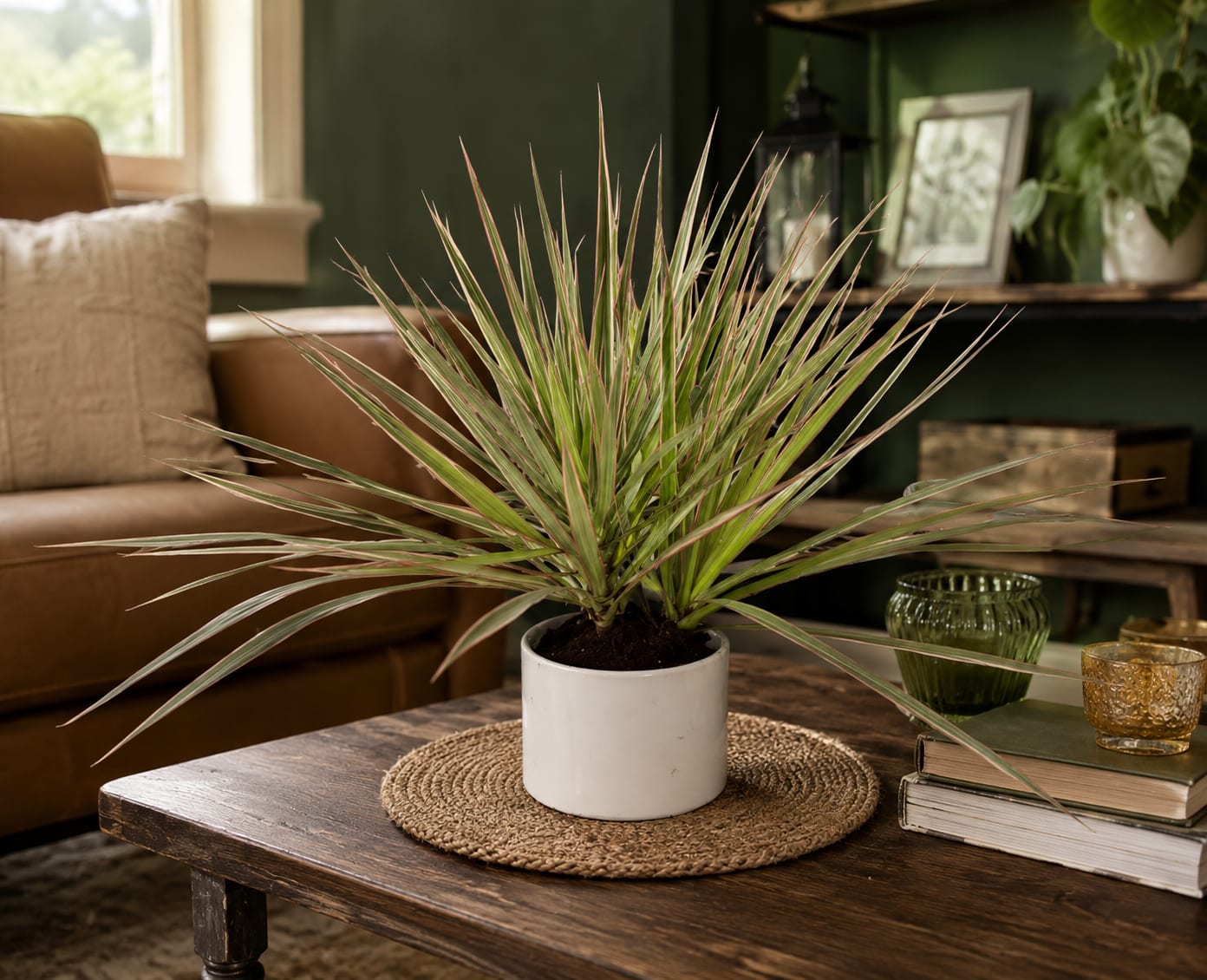 Dramatic Dracaena Plant - Bring lasting beauty, color, and natural elegance to any home or office with Dramatic Dracaena. This striking variegated Dracaena Marginata features rich green foliage accented with creamy ivory and blush-pink edges, creating an eye-catching display that brightens any space.  Perfect for birthdays, get well wishes, sympathy and memorial gifts, retirement celebrations, housewarmings, thank you gifts, and everyday occasions, this easy-care indoor plant offers long-lasting enjoyment long after fresh flowers have faded. Its bold form and colorful foliage make it a popular choice for homes, offices, reception areas, waiting rooms, and professional spaces.  Known for its durability and low-maintenance care, the Dracaena adds year-round greenery, texture, and style to both modern and traditional décor.  Aspen Tower Florist proudly offers plant delivery in Greensburg, Batesville, Shelbyville, Rushville, Westport, Hope, North Vernon, and surrounding Indiana communities.  Plant size, fullness, and container may vary based on availability while maintaining the overall style and value of the design.