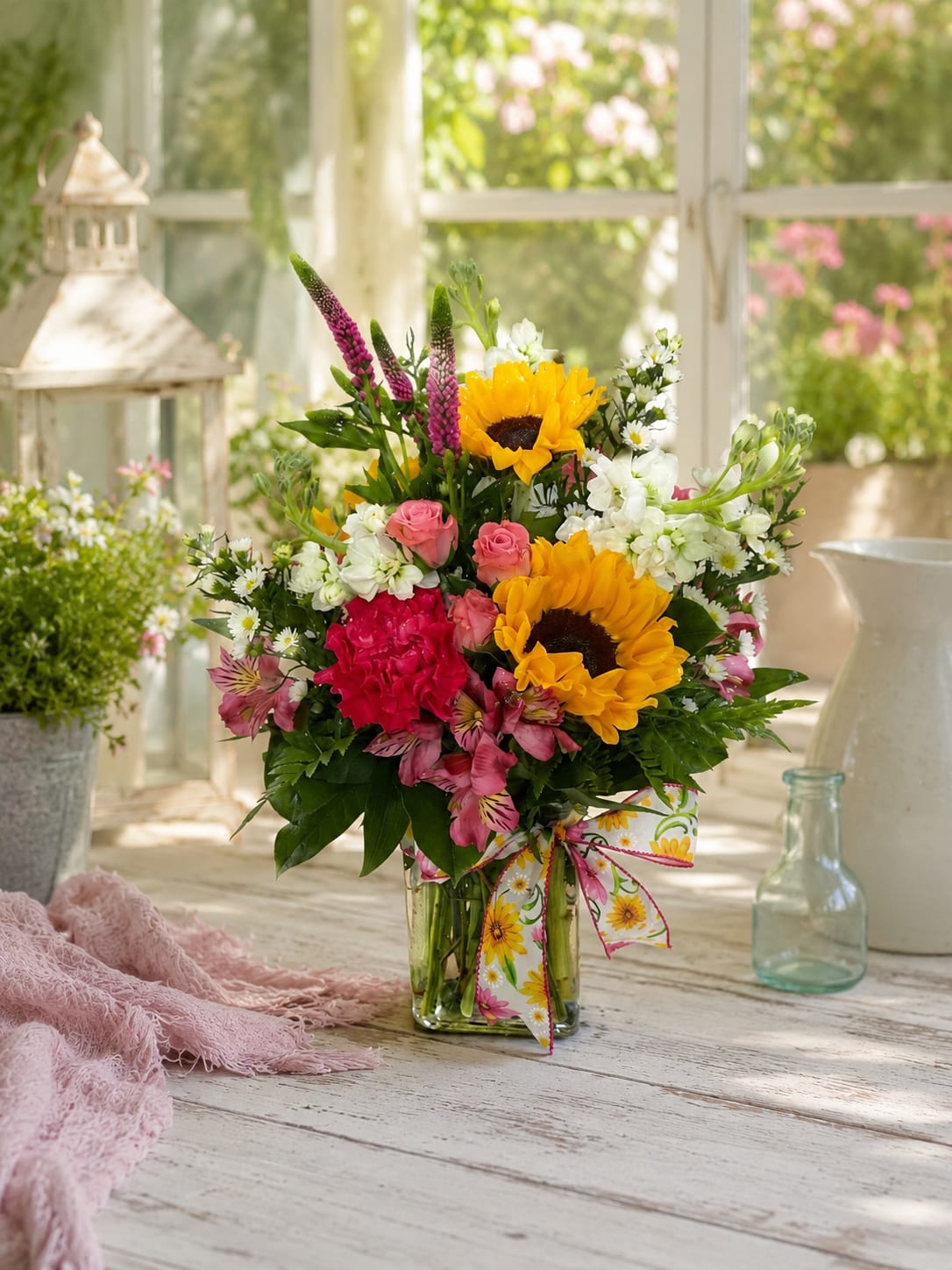 Enchanted Blooms - Happiness has a way of showing up in the simplest moments—a warm afternoon, a heartfelt conversation, a visit from an old friend, or a bouquet of flowers that makes someone smile for no reason at all. Enchanting Blooms was designed to capture that feeling.  Filled with cheerful color, sunny blooms, vibrant pink accents, and garden-fresh textures, this joyful arrangement feels like a celebration of life’s happiest moments. Inspired by the beauty of a summer garden in full bloom, it brings warmth, charm, and a sense of carefree happiness wherever it goes.  Whether you’re celebrating a birthday, anniversary, graduation, housewarming, sending a thank you, or simply brightening someone’s day, Enchanting Blooms delivers more than flowers. It delivers a moment of joy. Its bright color palette and lush garden styling create a cheerful focal point for homes, offices, gatherings, and special occasions.  The Standard version offers a beautiful balance of seasonal blooms and texture. The Deluxe version includes additional flowers for greater fullness and visual impact. The Premium version features enhanced flower counts throughout, creating an abundant garden-inspired display designed to impress from every angle.