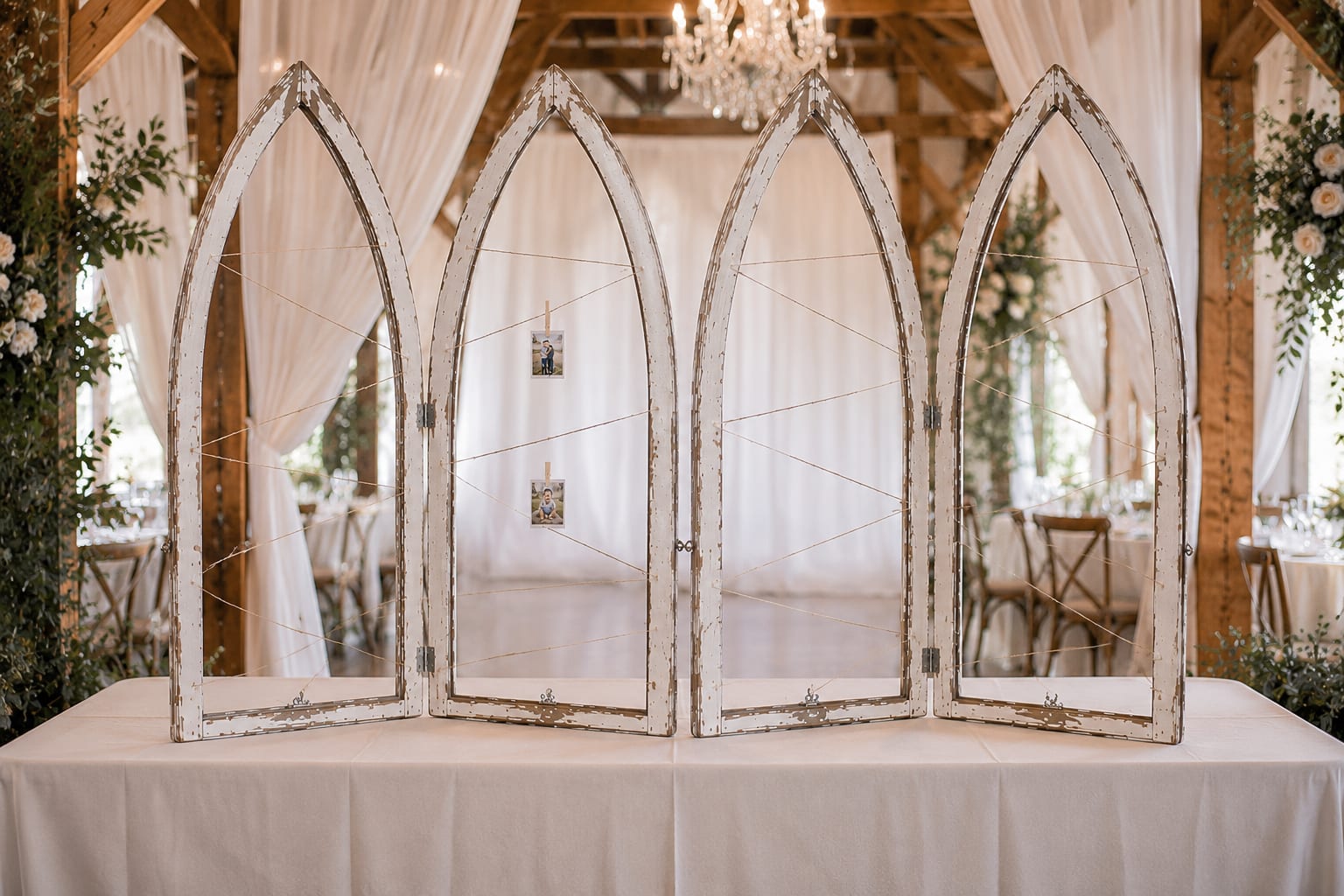 Catherine Cathedral Window Displays - Turn a plain venue into a breathtaking wedding setting with the Catherine Cathedral Window Set. The moment guests walk into your ceremony or reception, these stunning cathedral-style windows create the kind of romantic focal point that makes everyone stop, look, and admire the space you’ve created.  Perfect for ceremony backdrops, sweetheart tables, welcome displays, memorial tributes, photo areas, gift tables, and reception décor, the Catherine Cathedral Window Set adds height, elegance, and timeless charm to virtually any event. Dress them with flowing greenery, fresh flowers, lanterns, candles, draping, signage, or treasured family photographs to create a look that is uniquely your own.  Whether you’re planning a rustic barn wedding, romantic garden ceremony, elegant ballroom reception, vintage-inspired celebration, boho event, or classic wedding, these versatile cathedral windows instantly elevate your décor while creating beautiful photo opportunities throughout your venue.  Part of the Aspen Attic Wedding &amp; Event Rental Collection, the Catherine Cathedral Window Set coordinates beautifully with our arches, lanterns, candle holders, cylinders, pedestal vases, compotes, and other wedding rentals. Available for weddings and events throughout Indianapolis, Cincinnati, Louisville, Greensburg, Batesville, Shelbyville, Rushville, Columbus, Franklin, and surrounding communities.
