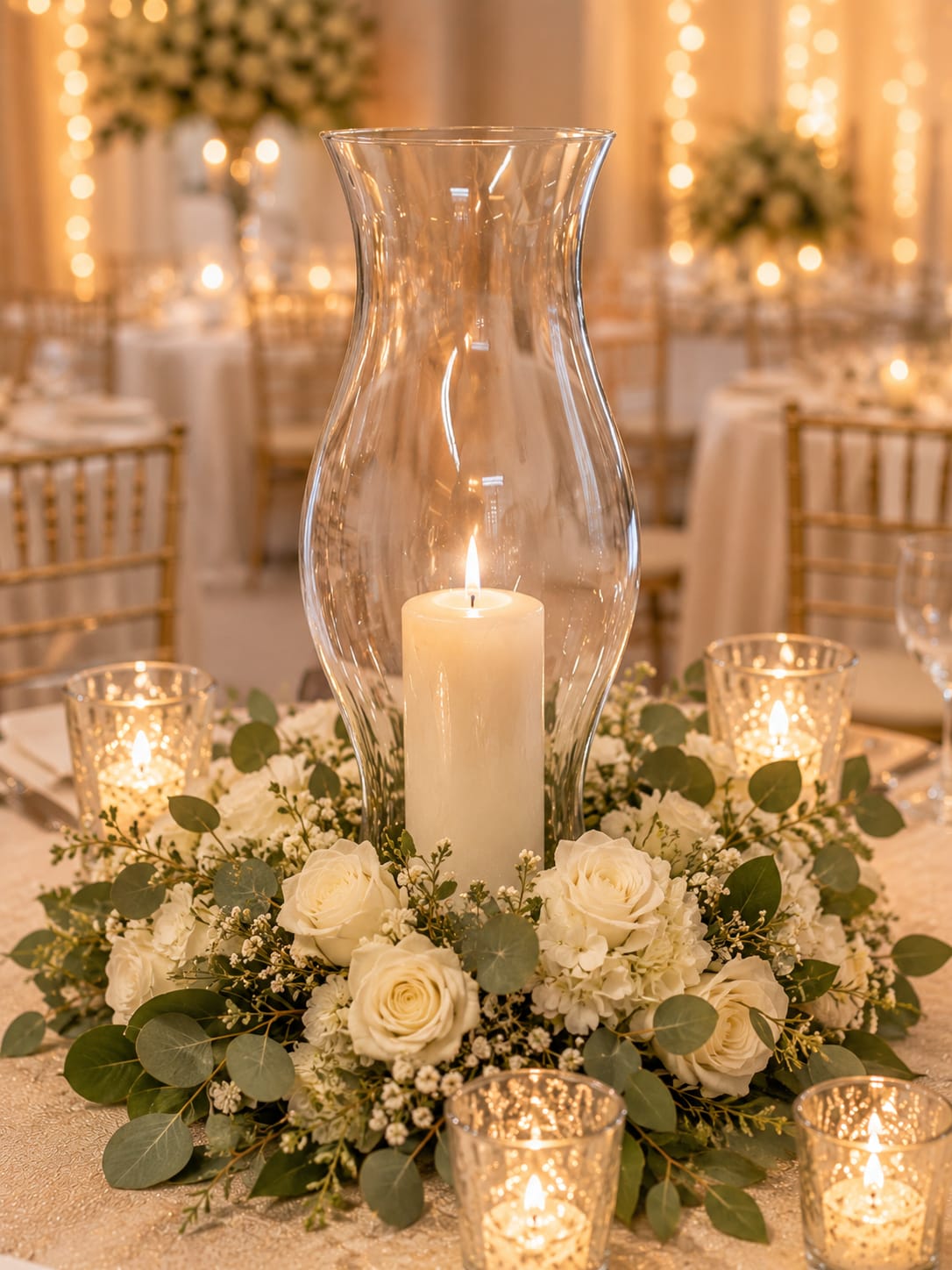 Dahlia Hurricane Globes -  With its graceful globe silhouette and timeless glass design, the Dahlia Hurricane Globe brings softness, elegance, and candlelit romance to weddings and special events. Beautiful on its own or grouped throughout a venue, it creates the kind of atmosphere that feels warm, welcoming, and effortlessly elegant.  Fill it with candlelight for a romantic glow, surround it with flowers for a stunning centerpiece, or incorporate it into ceremony décor, sweetheart tables, entrance displays, memorial tributes, and reception designs. Its versatile style works beautifully with garden weddings, rustic celebrations, elegant ballroom receptions, vintage-inspired events, and classic wedding décor.  The beauty of the Dahlia Hurricane Globe isn’t that it demands attention. It’s that it enhances everything around it. Flowers look fuller. Candlelight feels warmer. Tables feel more inviting. The entire room feels more complete.  Part of the Aspen Attic Wedding &amp; Event Rental Collection, the Dahlia Hurricane Globe helps transform beautiful weddings into unforgettable experiences throughout Indianapolis, Cincinnati, Louisville, Greensburg, Batesville, Shelbyville, Rushville, Columbus, Franklin, and surrounding communities.
