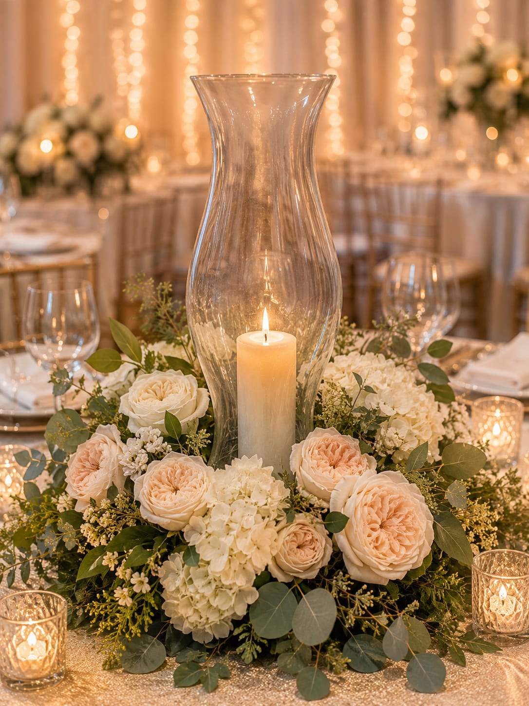 Daphne Hurricane Globe - The difference between a beautiful event and an unforgettable one often comes down to atmosphere. Soft candlelight. Elegant details. The warm glow that makes a room feel welcoming, romantic, and alive. The Daphne Hurricane Globe was created for exactly those moments.  With its graceful globe silhouette and impressive presence, the Daphne Hurricane Globe instantly draws attention without overwhelming your décor. Whether glowing with candlelight at a wedding reception, framing a ceremony entrance, highlighting a sweetheart table, accenting a memorial tribute, or serving as part of a dramatic centerpiece display, it creates the kind of visual impact guests remember long after the celebration ends.  Beautiful on its own or incorporated into larger event designs, the Daphne Hurricane Globe works effortlessly with fresh flowers, greenery, seasonal accents, romantic candlelight, and elegant tablescapes. Its timeless style complements everything from garden weddings and rustic celebrations to formal ballroom receptions and classic traditional ceremonies.  Every event tells a story. The details are what bring that story to life. The Daphne Hurricane Globe helps create depth, warmth, and ambiance while adding the polished, professionally styled look often found in luxury weddings and special events.