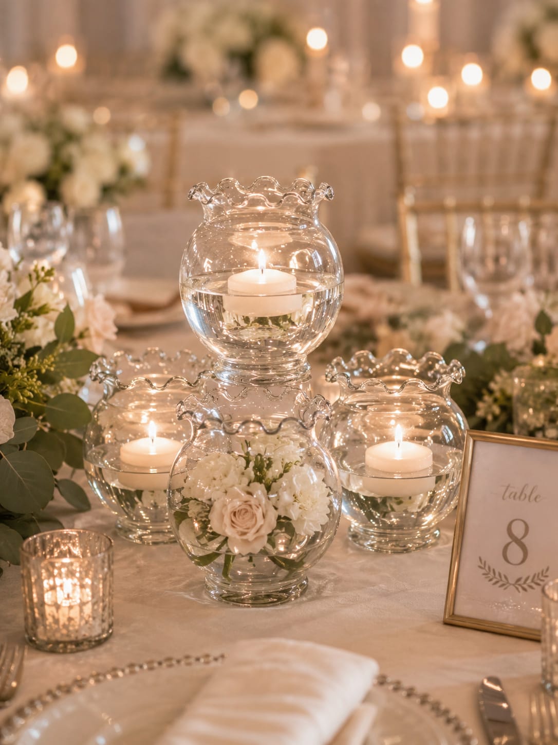 Emily Rose Bowl - The Emily Rose Bowl proves that sometimes the smallest details create the biggest impact. These charming ruffled glass bowls add softness, candlelight, and romantic elegance to wedding receptions, bridal showers, rehearsal dinners, anniversary celebrations, and special events.  Perfect for floating candles, fresh flowers, rose petals, floral accents, fairy lights, or seasonal décor, the Emily Rose Bowl offers endless styling possibilities. Scatter them throughout reception tables, cluster them around larger centerpieces, line them along banquet tables, or use them to add layers of candlelight and texture throughout your venue. Their delicate ruffled edge catches the light beautifully, creating a warm and inviting atmosphere guests instantly notice.  Because of their versatile size, these bowls work equally well in rustic barn weddings, elegant ballroom receptions, garden celebrations, vintage-inspired events, and classic traditional weddings. Whether used individually or incorporated into larger centerpiece designs, they help create the polished, professionally styled look that transforms a beautiful event into a memorable experience.